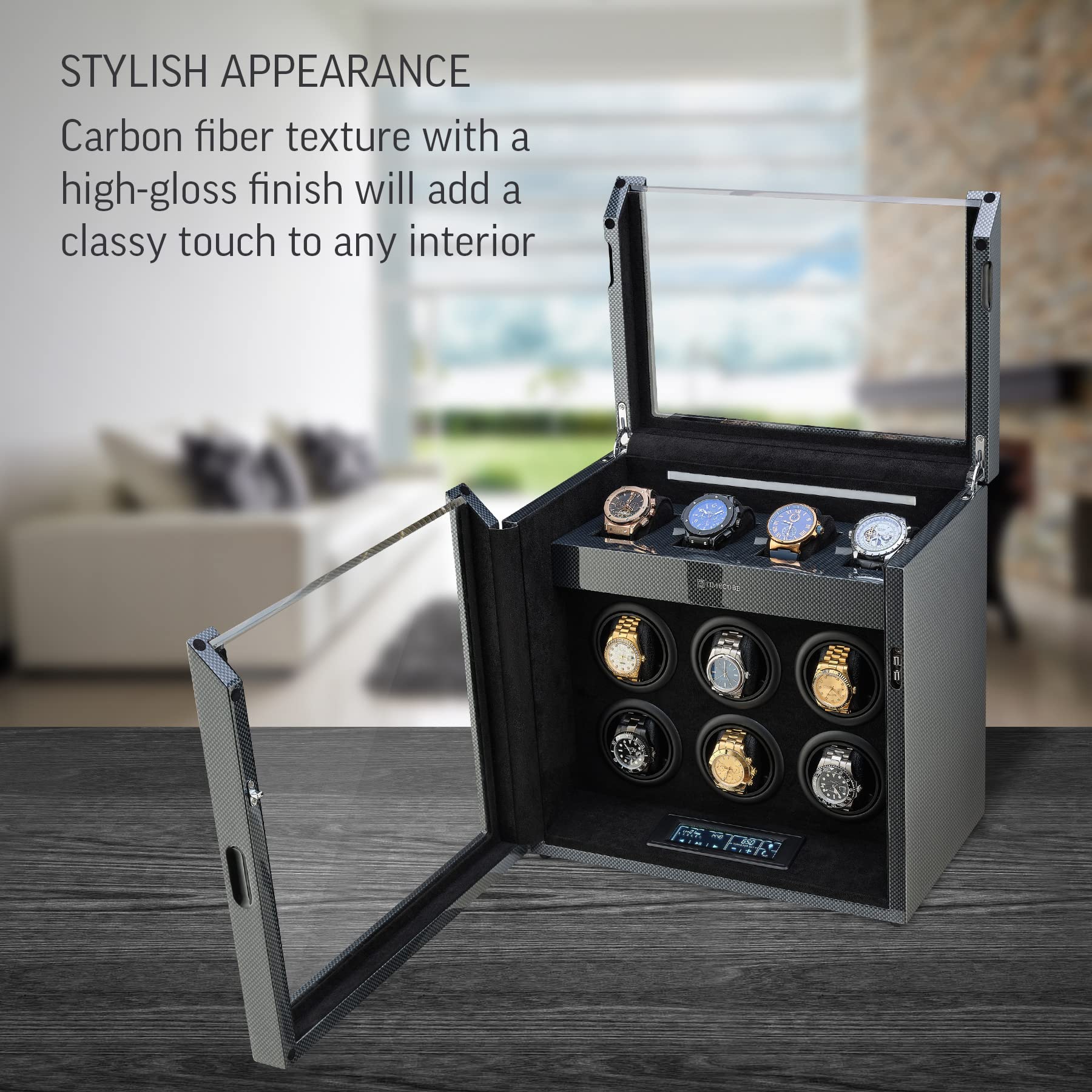 TIMECUBE 6 Watch Winder with Interior Light and 4 Watch Storage Slots (Carbon)