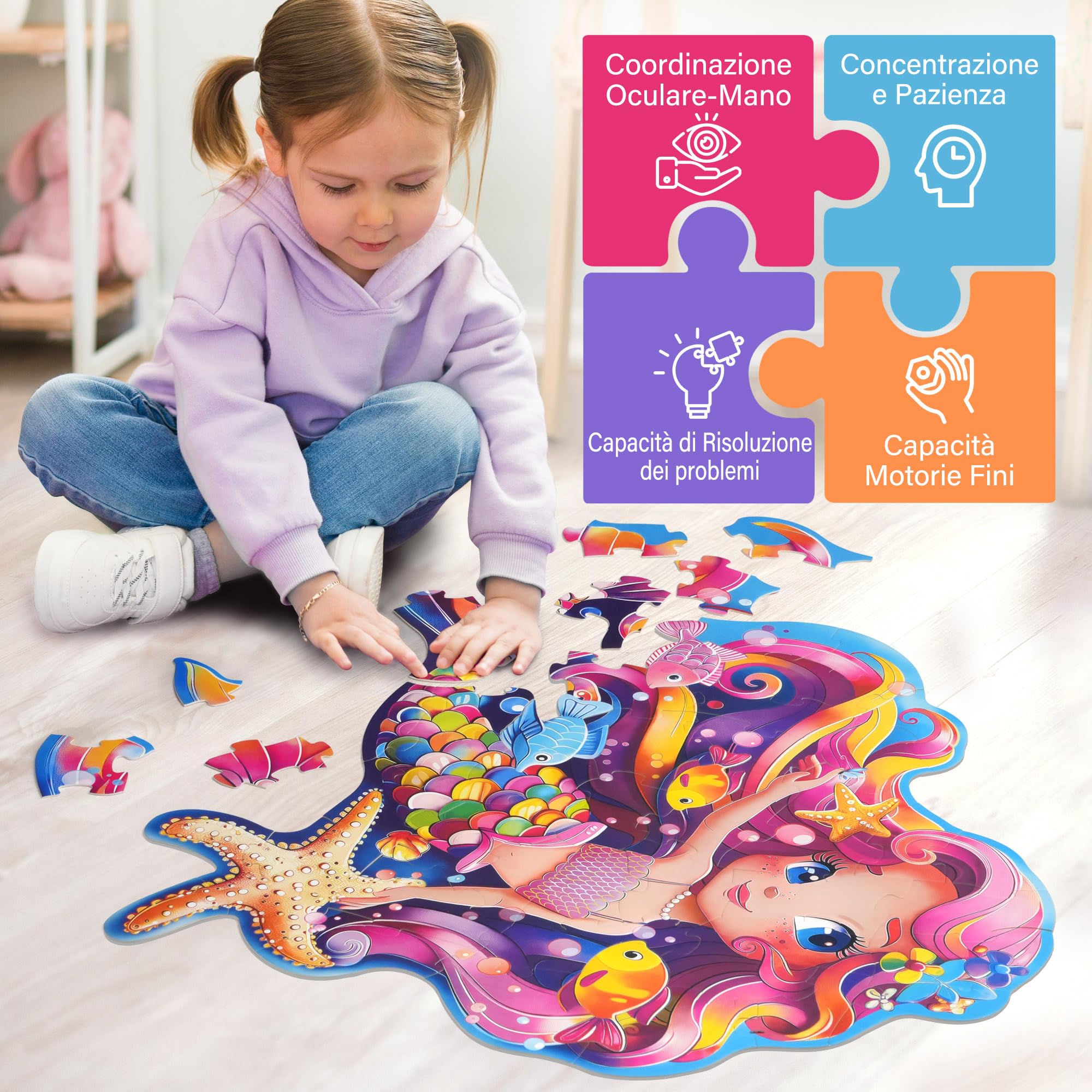 Puzzle Bambini 4 Anni XXL Sirene 52 Pezzi 66 x 70 cm Giochi Educativi 3-8 anni
