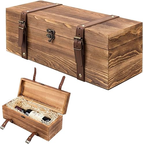 MyGift Wooden Wine Gift Box, Whiskey Box with Locking Latch & Leather Straps, for Christmas, Wedding Champagne, Beer,Vintage Rustic Brown, 14x5x5