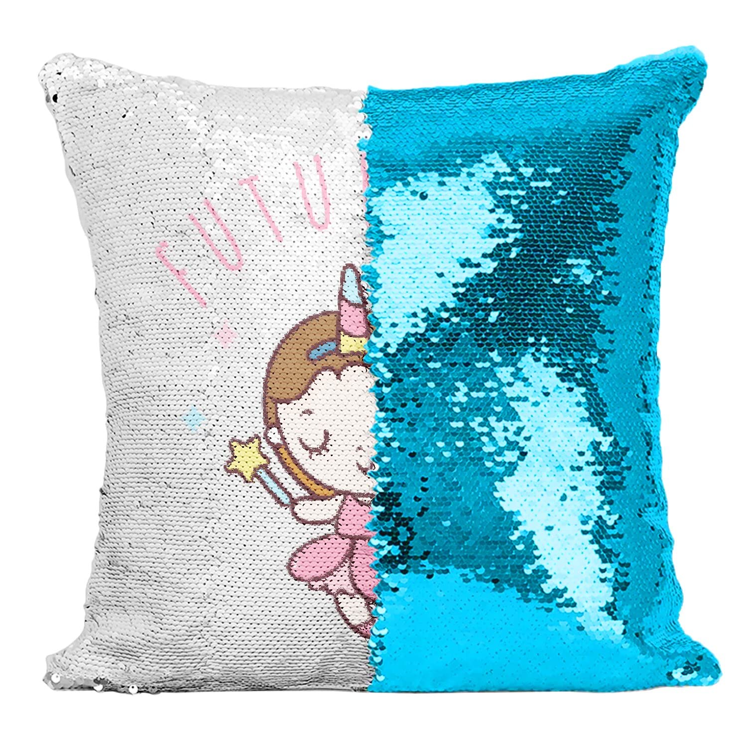 Coussin sequin turquoise future fée pour décoration chambre enfant princesse