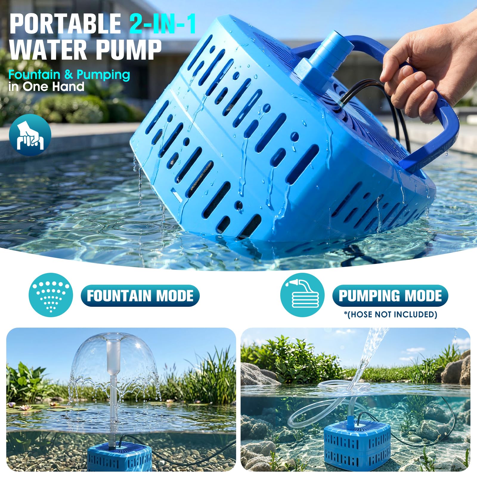 Tauchwasserpumpe mit bunten LEDs für Außenteiche, Teichfilter mit Pumpe, Tauchwasserpumpe für Springbrunnen, Blau