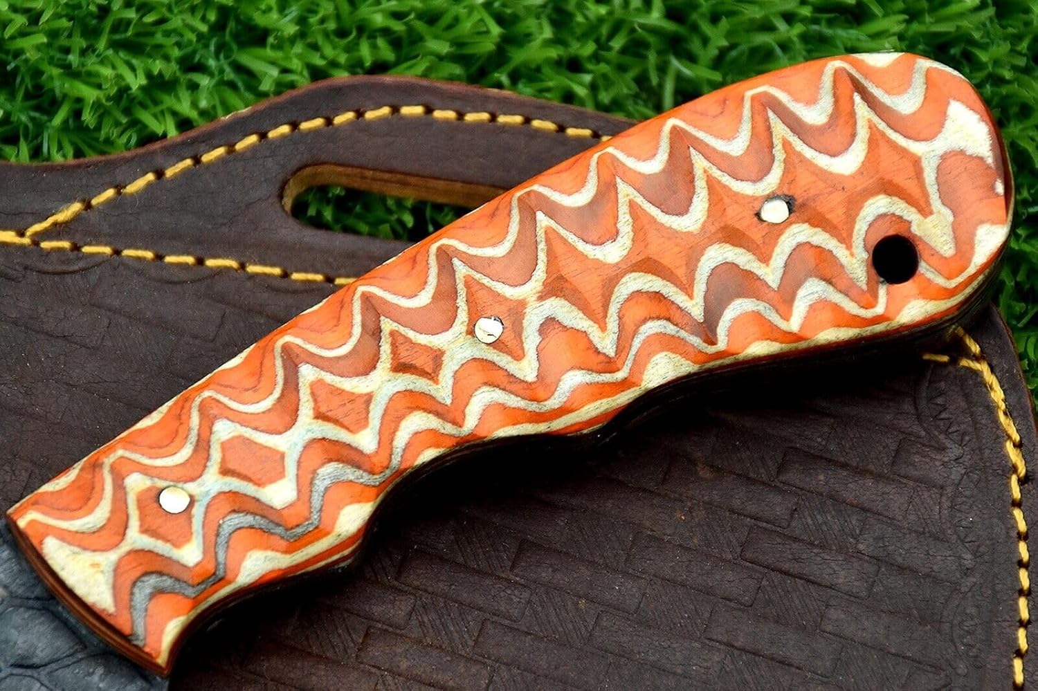 Generic 8.5 inches long tanto blade bull cutter knife, Hand forged Carbon steel blade with embossing, custom made jigged Micarta Multi color scale, Leather sheath with belt loops