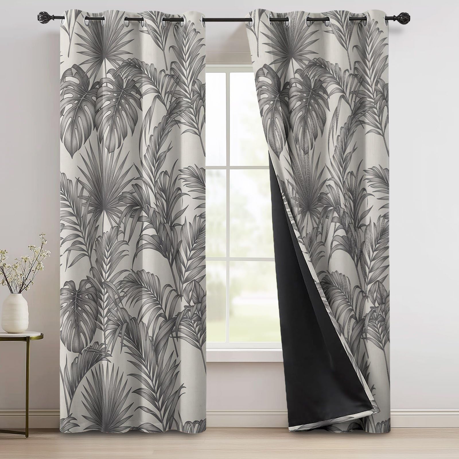 Tenda oscurante tropicale botanica, set di 2 tende oscuranti termiche isolanti con occhielli, foglie di palma disegnate Monstera felci, grigio crema, decorazione camera da letto, soggiorno, finestra