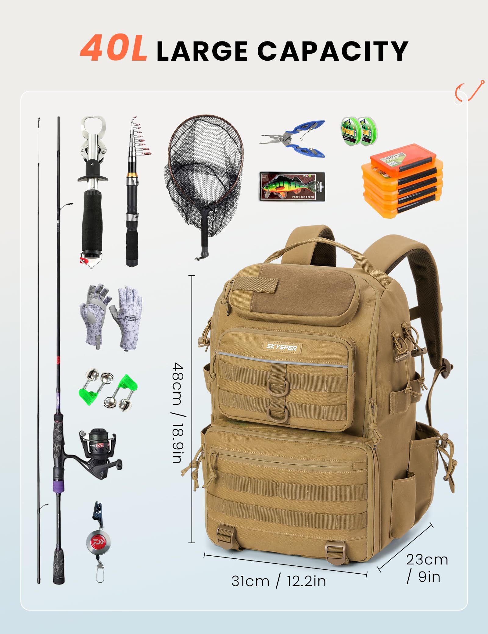 SKYSPER Angelrucksack,Angelzubehör Rucksack mit Rutenhalter Angeltasche Angelausrüstungstasche 40l für Angeln