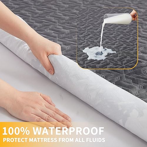Miniatura 2 de Protector de colchón impermeable tamaño King, funda de colchón gris bambú de tela de aire 3D, transpirable y silenciosa, sábana bajera ajustable con