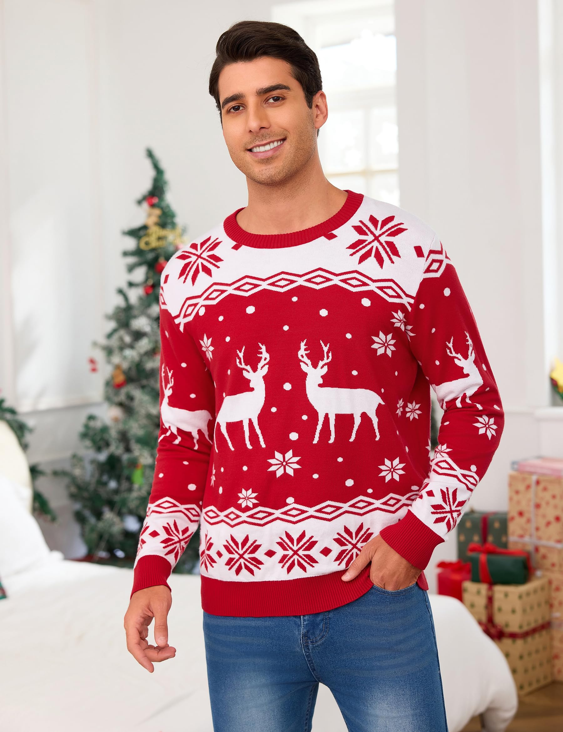 Demegimi Weihnachtspullover Herren Rundhals Pullover Christmas Sweater Herren Weihnachten Strickpullover S-XXL