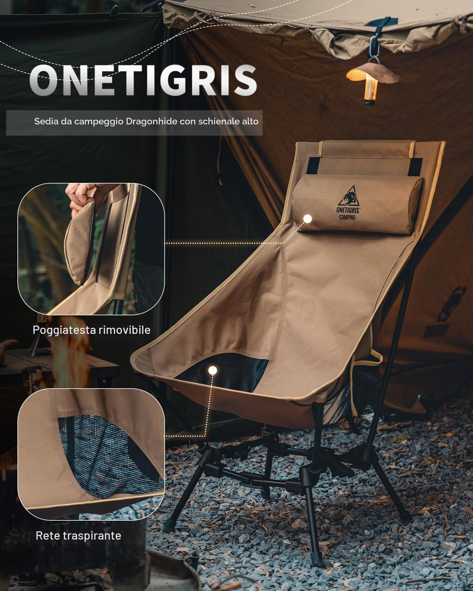 OneTigris Sedia da Campeggio Dragonhide, Sedia con Schienale Alto, Sedia Pieghevole, 150 kg, Sedia da Campeggio Leggera, Sedia da Pesca Pieghevole con 2 Tasche Laterali, Sedia Pieghevole Ultraleggera