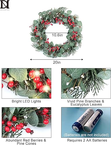 Miniatura 6 de DN DECONATION Corona de Navidad iluminada de 20 pulgadas para puerta delantera, luces LED, corona de Navidad de eucalipto a pilas con conos de pino,