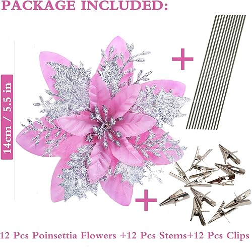 Miniatura 120 de GREENTIME 12 flores de Pascua artificiales azules con purpurina de 5.5 pulgadas, flores de Navidad con clips, tallos de Navidad, adornos para árbol