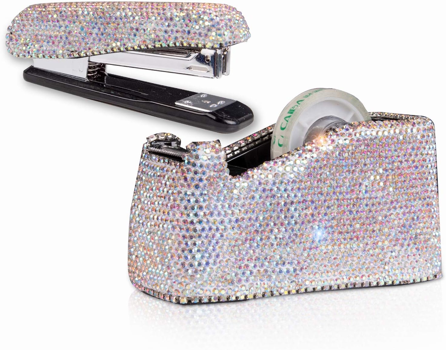 Bling Crystal Luxury Handmade Diamond Stapler & Desktop Tape Dispenser Office Stationery Kit for Fashion Girls Women (AB Color)