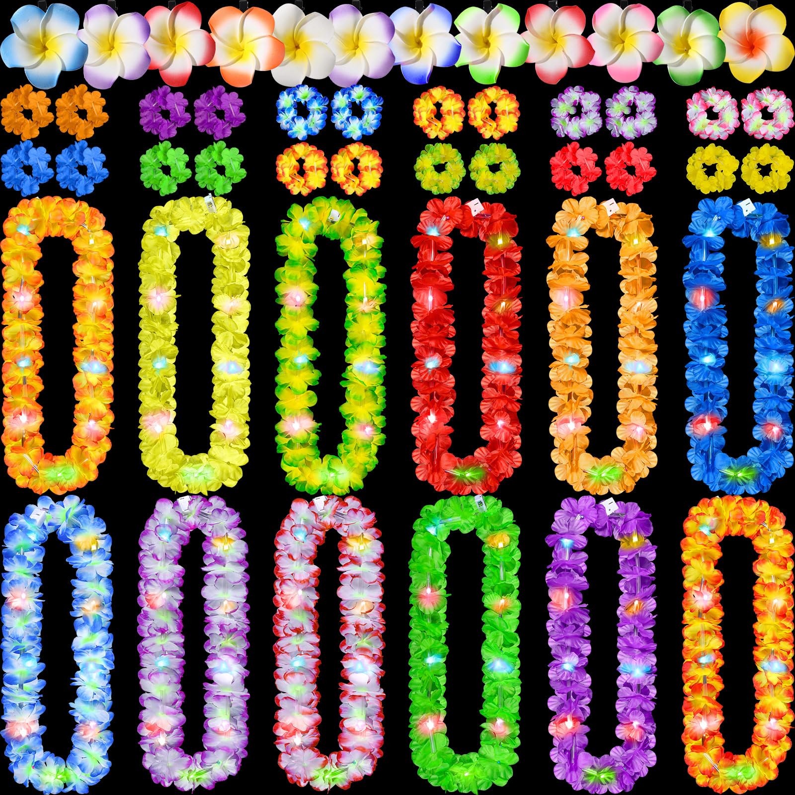 Photo 1 of Sherr 48 Pcs Hawaiian LED Luau Leis Party Decorations Supplies Set 12 Light Up Tropical Leis Flowers Necklaces 24 Bracelets 12 Hair Clips Bulk Masquerade Wedding Summer Beach Carnival Party Favors