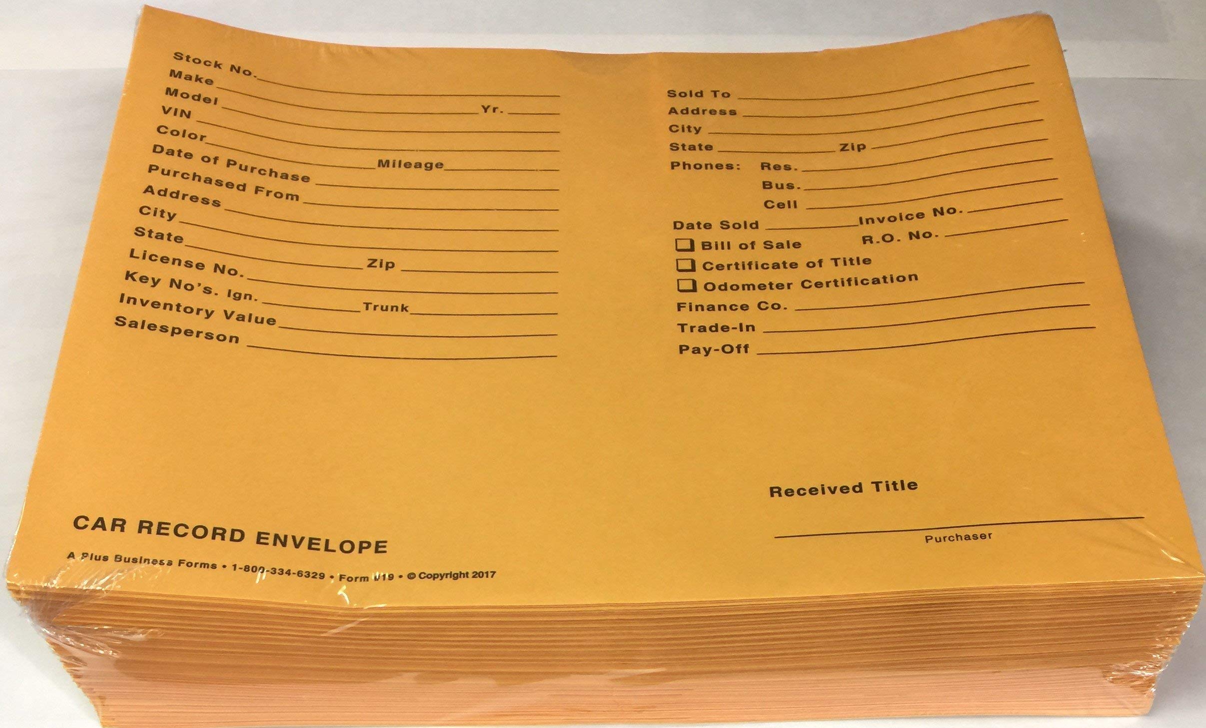 Used Car Record Envelope – Qty. 500 – Wholesale Auto Dealer Supplies
