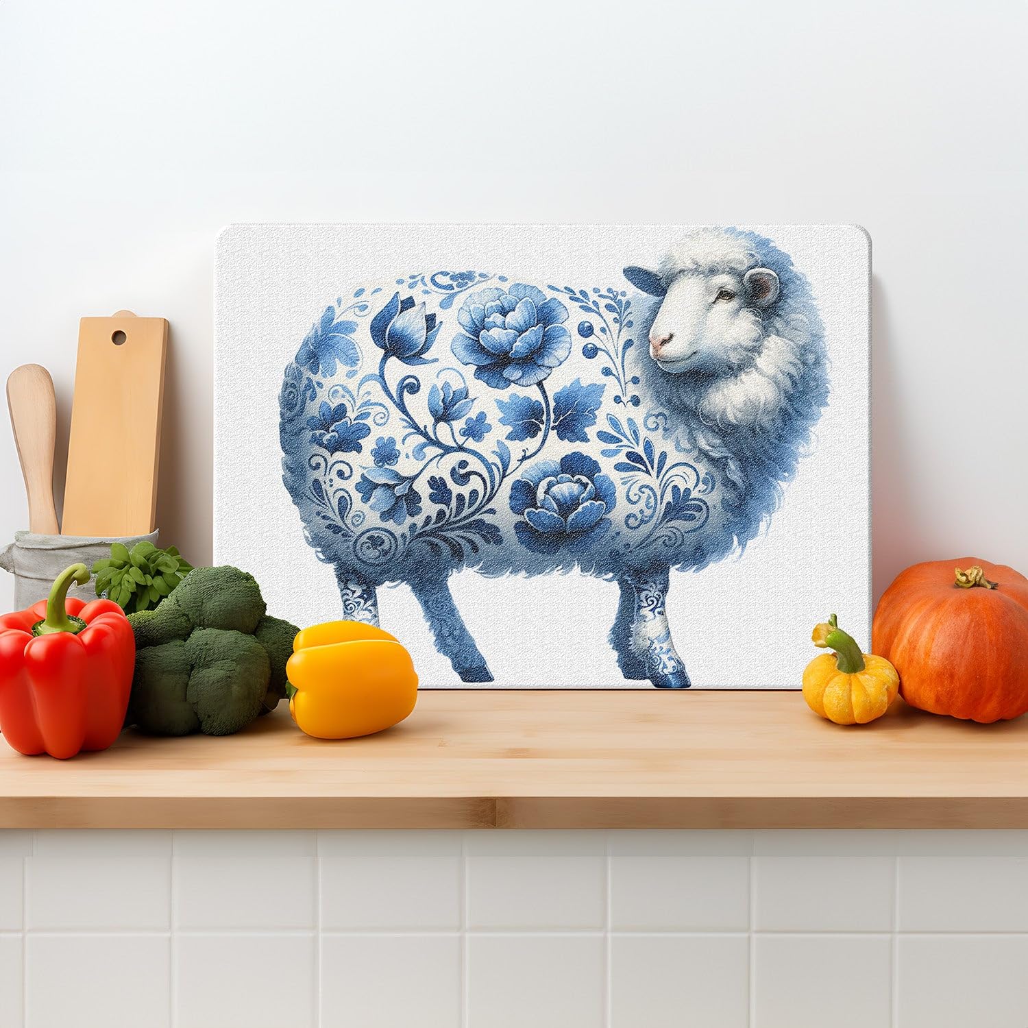 Textured Glass Chopping Board Worktop Saver for Kitchens, Durable Easy-Clean Scratch Resistant Hygienic Non Slip Feet, Delft Sheep Print Rectangular 39cm x 29cm — image 1