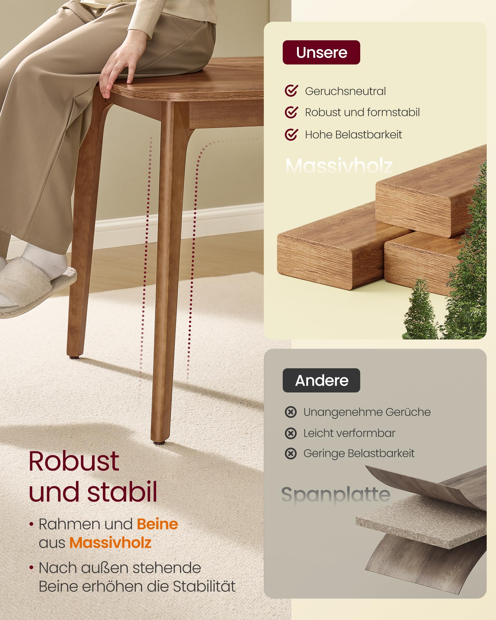 VASAGLE Esstisch, Esszimmertisch, Küchentisch, ausziehbare Tischplatte, 120 kg belastbar, für Esszimmer, Büro, Arbeitszimmer, Schlichtes Design, honigbraun KDT090K01