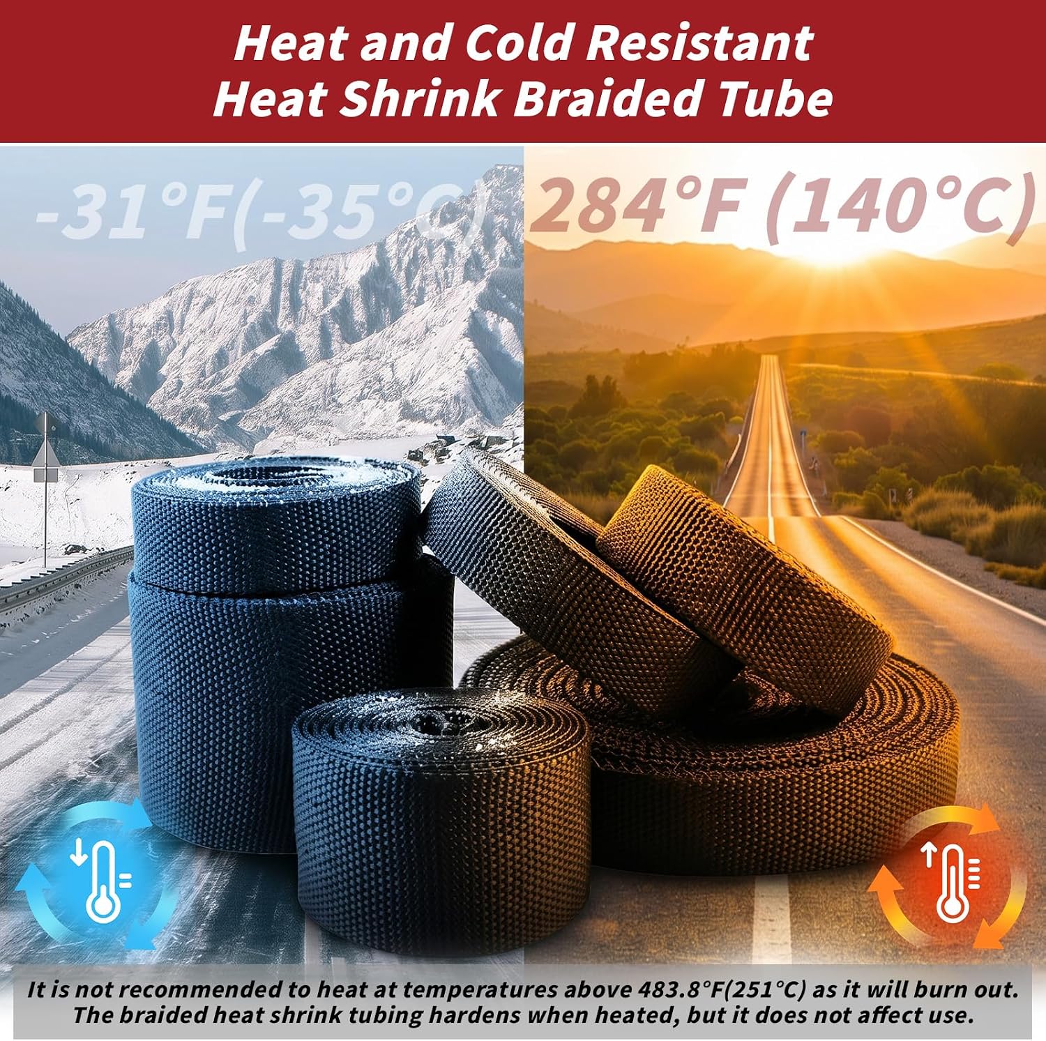100 FT 1/4 Inch 2:1 Heat Shrink Braided Sleeving Heat Shrinkable Fabric Wire Loom, Cable Sleeve with Abrasion Resistance & Flexibility, for Automotive Wiring Harness Protection, Cable Management