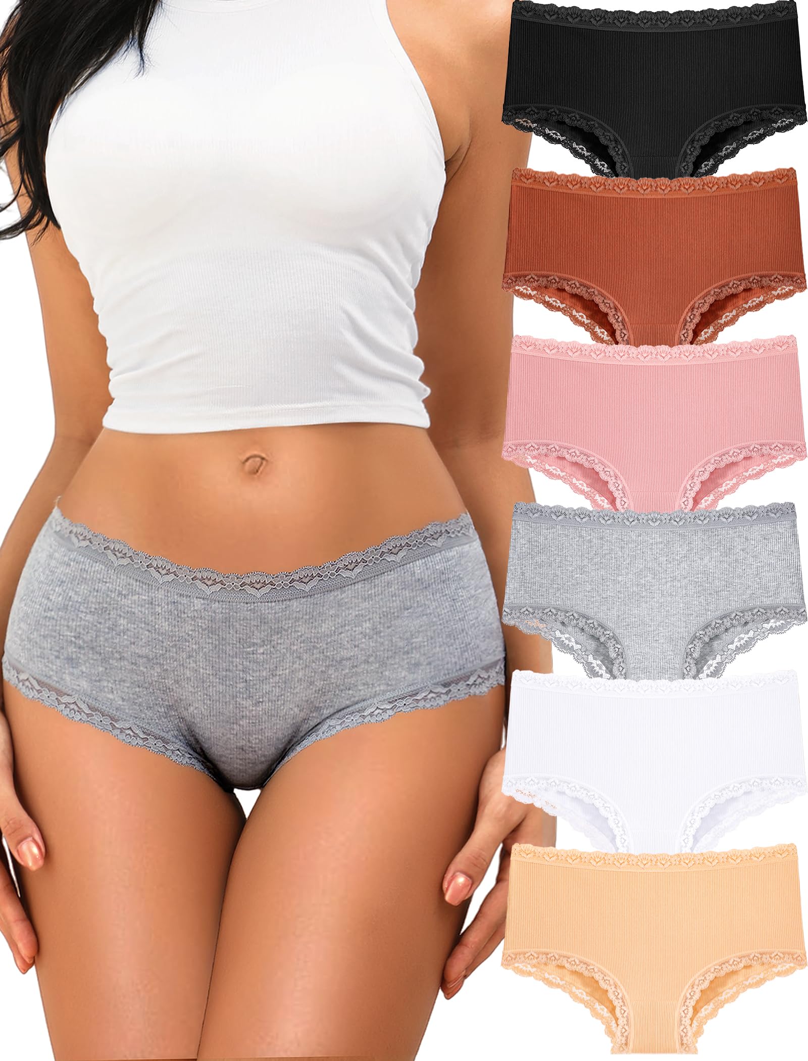 FINETOO Cotton Underwear for Women Sexy Boy Shorts Breathable Cheeky Lace Trim Panties Womens Underwear 6 Pack: Black+white+skin Tone+pink+gray+brick Yellow Small