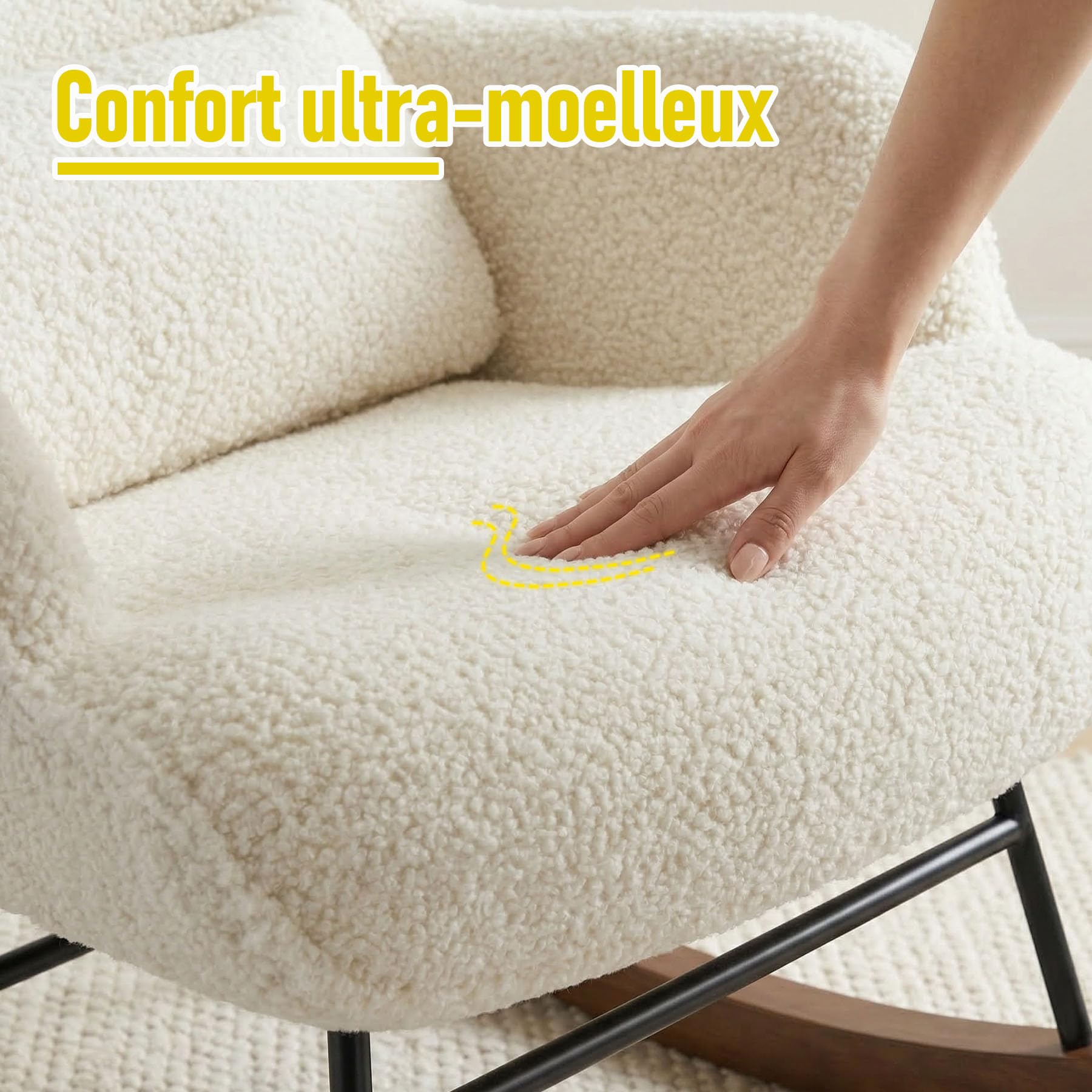 Rocking Chair Confortable en Velours Rembourré avec Support Lombaire, Fauteuil à Bascule Allaitement Scandinave, Chaise à Bascule pour Salon, Chambre, Balcon, Chambre Bébé, Nursery – Beige