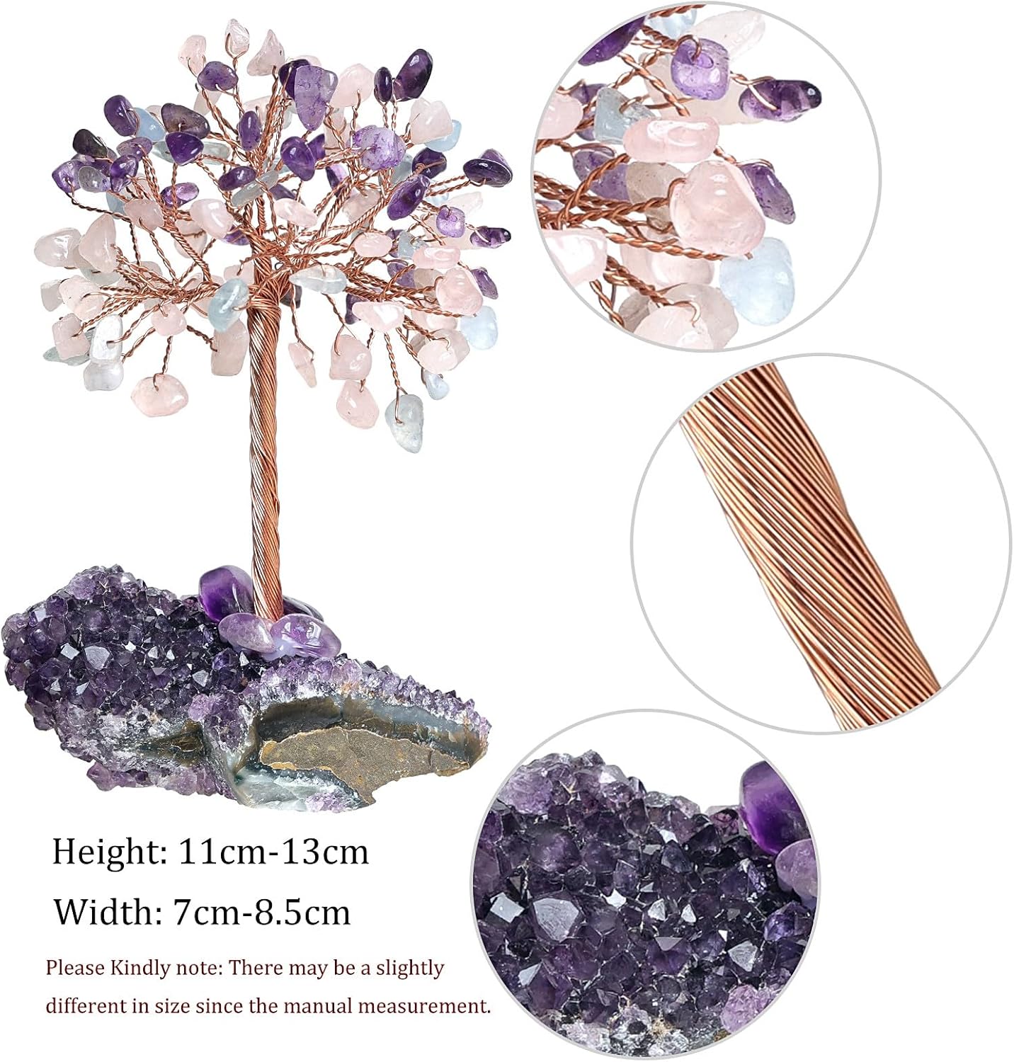 Nupuyai Natural Crystal Money Trees with Amethyst Cluster Base, Decorative Crystal Stone Figurine for Desk Home Office Decor, Tricolor