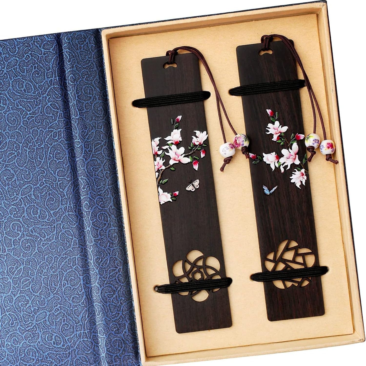 Aputue Wood Bookmark, 2 Pieces Gift Boxed Hollowed Out Mahogany Orchid Bookmark Book Marker Card Reading Pause Tassel Card a Beautiful Gift for Teachers for Graduation, Handmade Wooden Bookmarks
