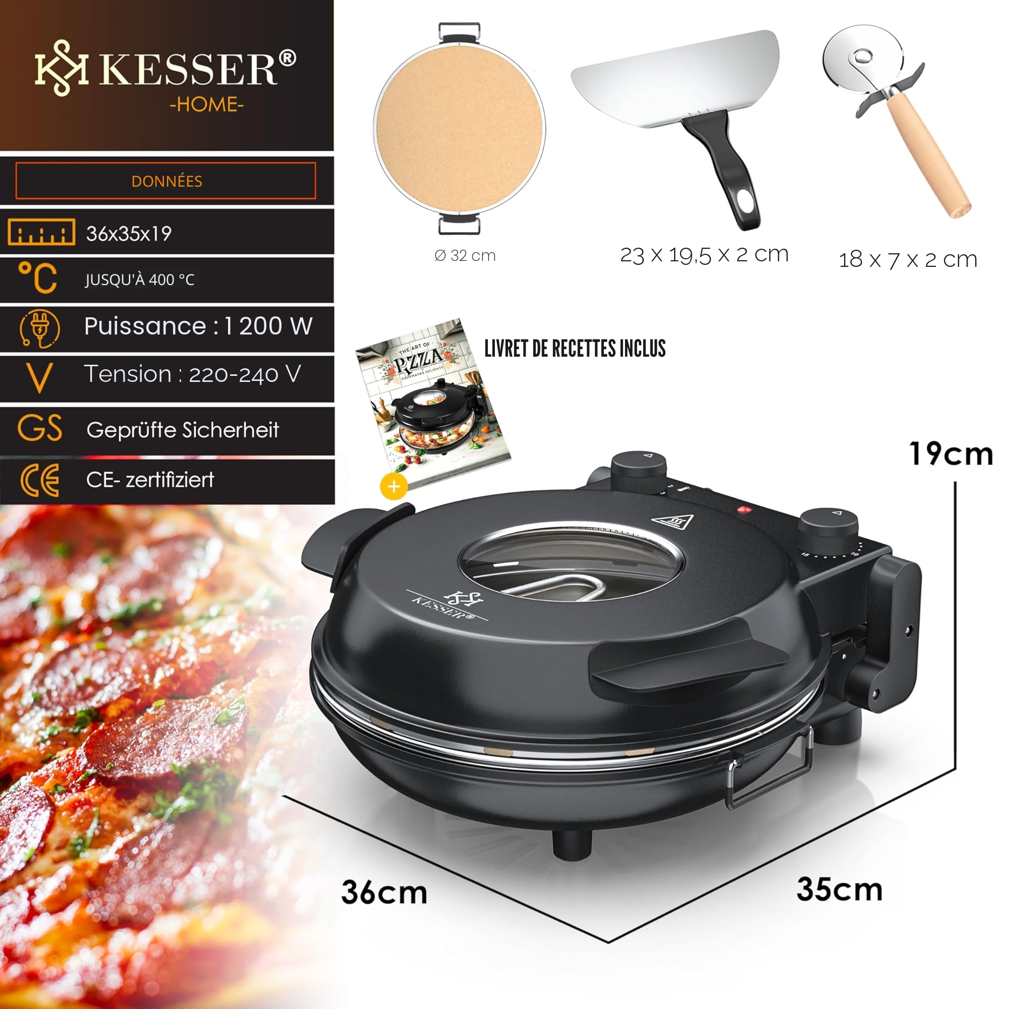 KESSER Four à pizza électrique jusqu'à 400 degrés, 1200 W, avec plaque en pierre ignifuge et minuterie de 32 cm de diamètre, 5 niveaux de chaleur et fenêtre.