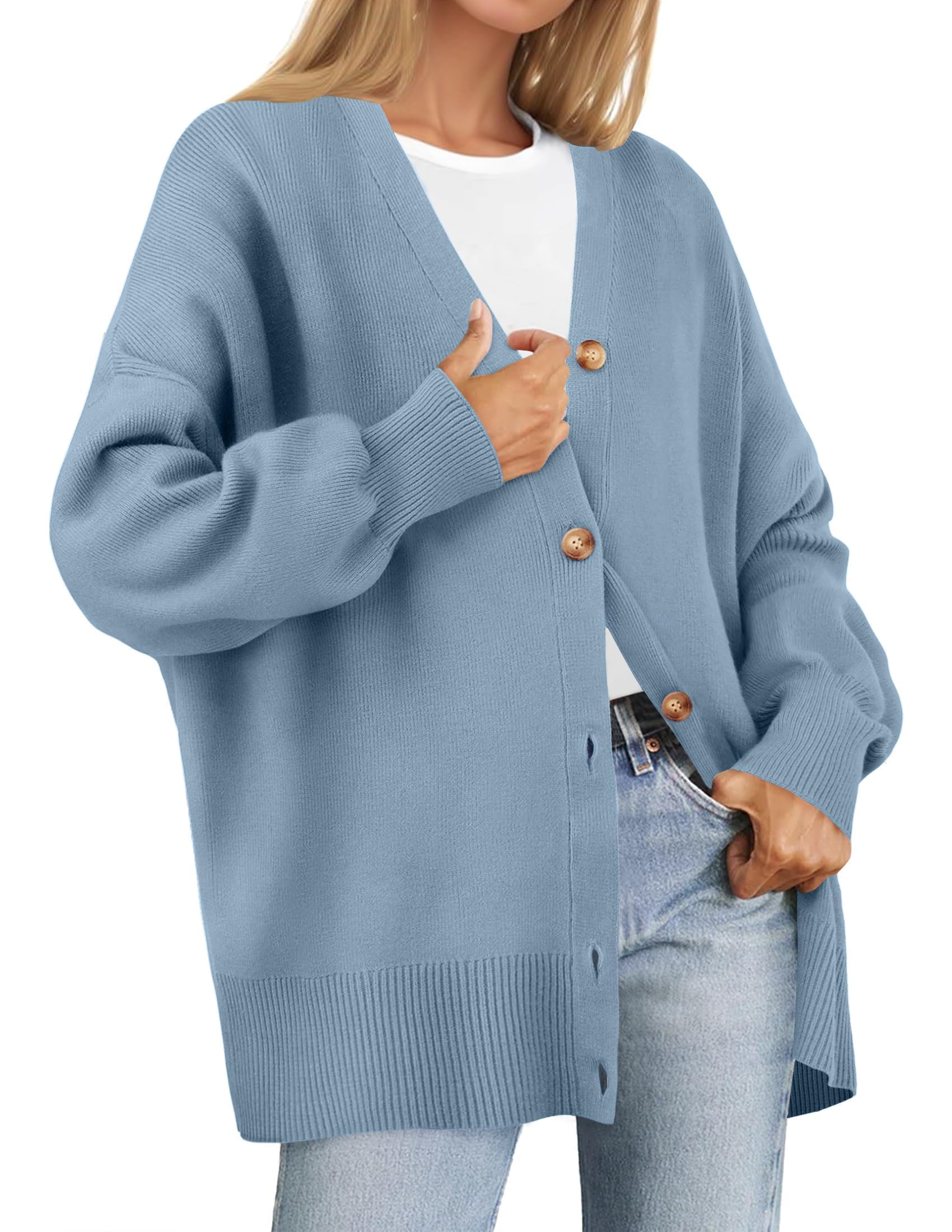 ZESICA Women's 2026 Fall Casual Long Sleeve Cardigan V Neck Button Down Open Front Knit Loose Oversized Sweater Coat