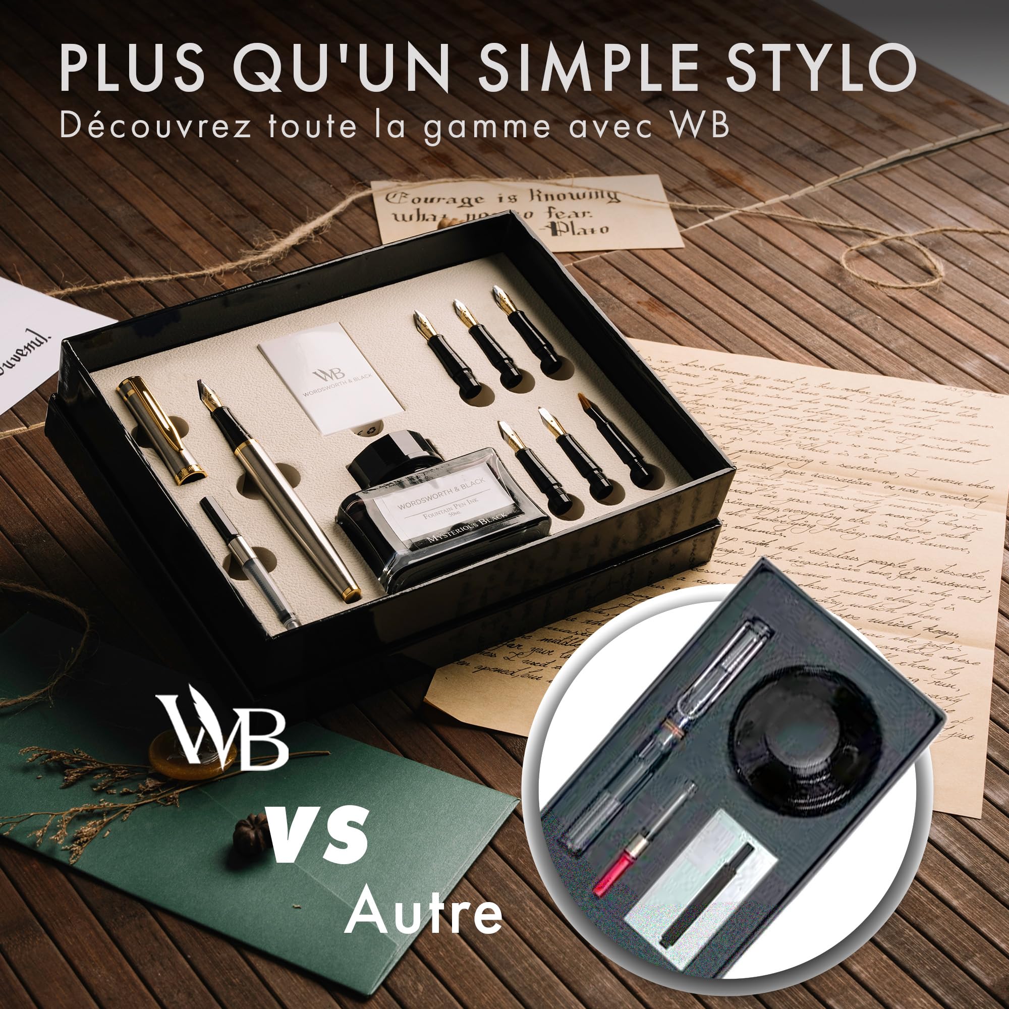 Wordsworth & Black Ensemble de Cadeau Stylo Calligraphie, Bouteille encre, 6 Cartouches, Convertisseur de Recharge, 6 Pointes de Rechange, Paquet Premium [Argent Or]