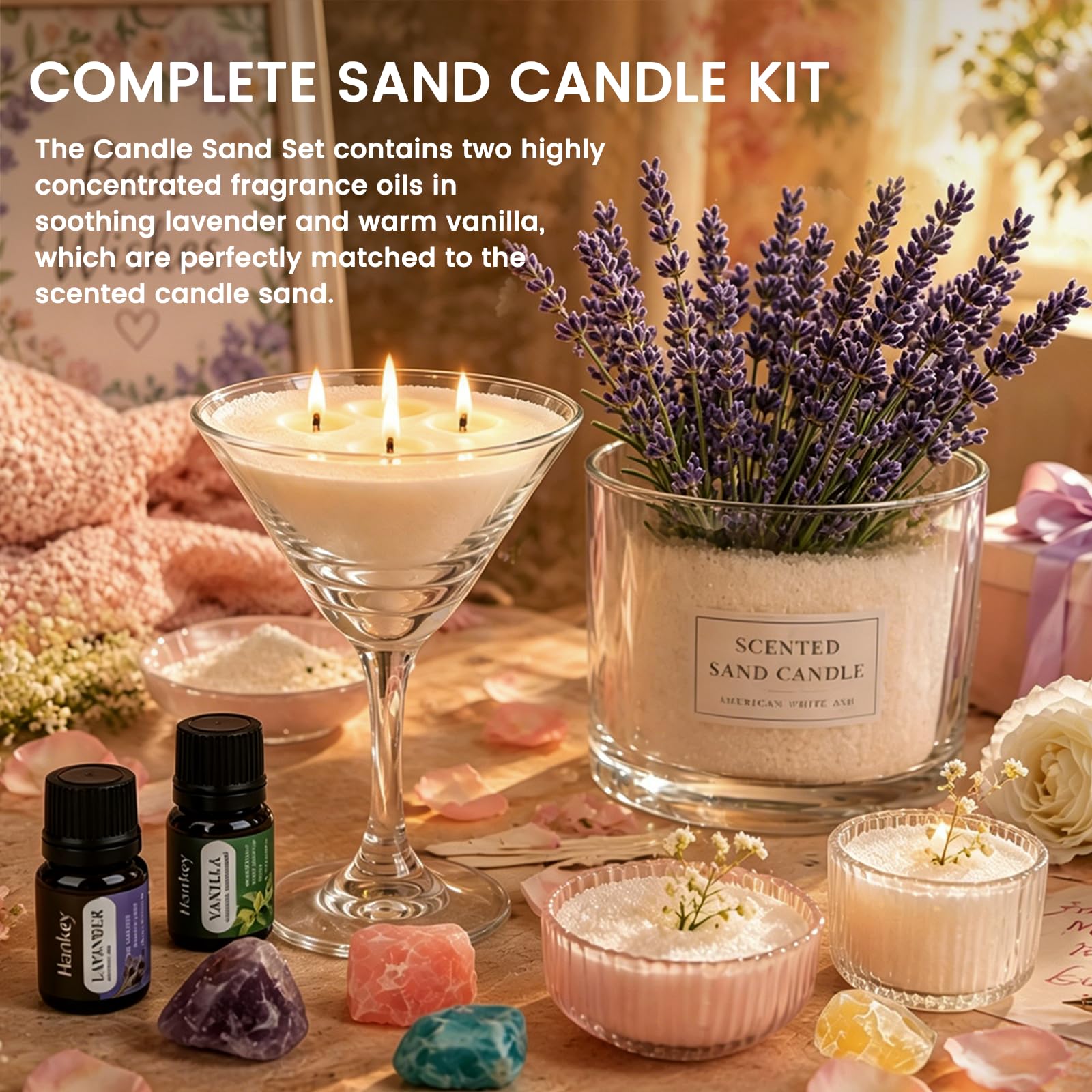 Sabbia per Candele con Stoppini, Kit Candele Fai da Te con 450g Perle di Cera per Candele, 30 Stoppini e Calice, Cera di Soia per Candele, Fino a 100 ore di durata