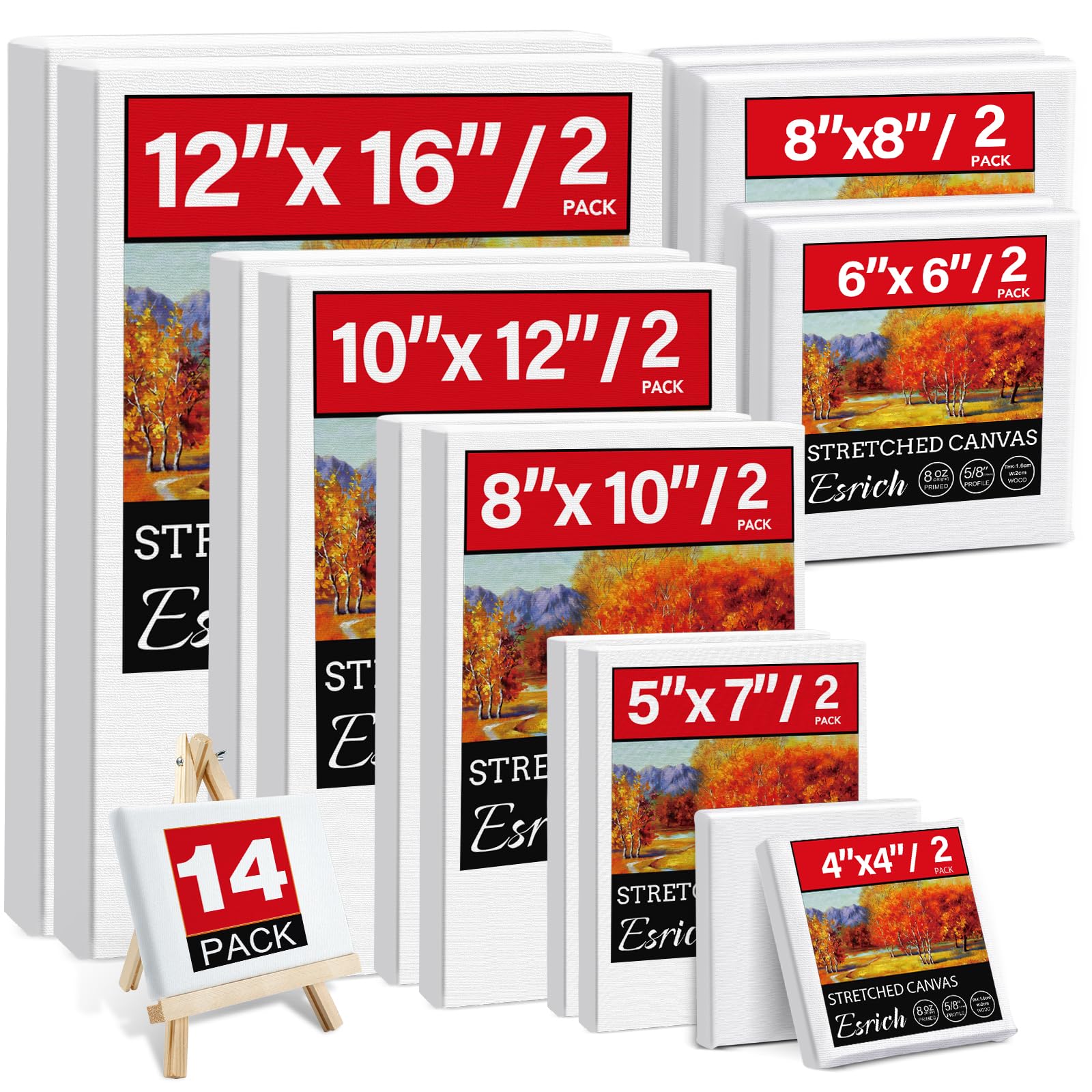 14 Packs Stretched Canvas for Painting, MultiSize 12x16, 10x12, 8x10, 5x7, 8x8, 6x6, 4x4 (2 of Each), Primed Blank Canvas for Oil, Acrylic Paint,for Beginner, Artist.