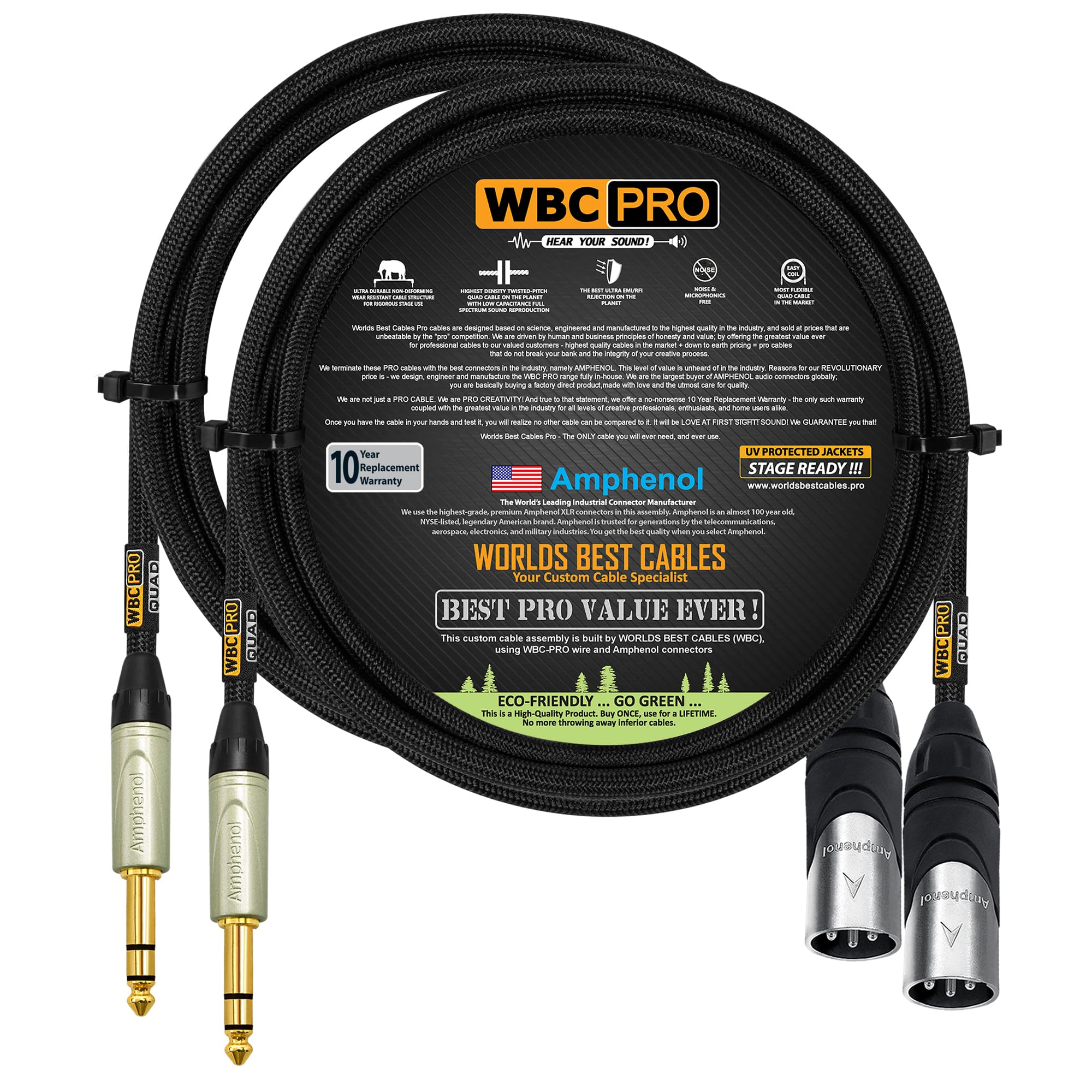 Cavo da XLR Star-Quad bilanciato Star-Quad a TRS ultra silenzioso ultra flessibile bilanciato da XLR a TRS con connettori stereo Amphenol AX3M maschio XLR e QS3P-AU dritti TRS, 2 unità, 1,2 m, con