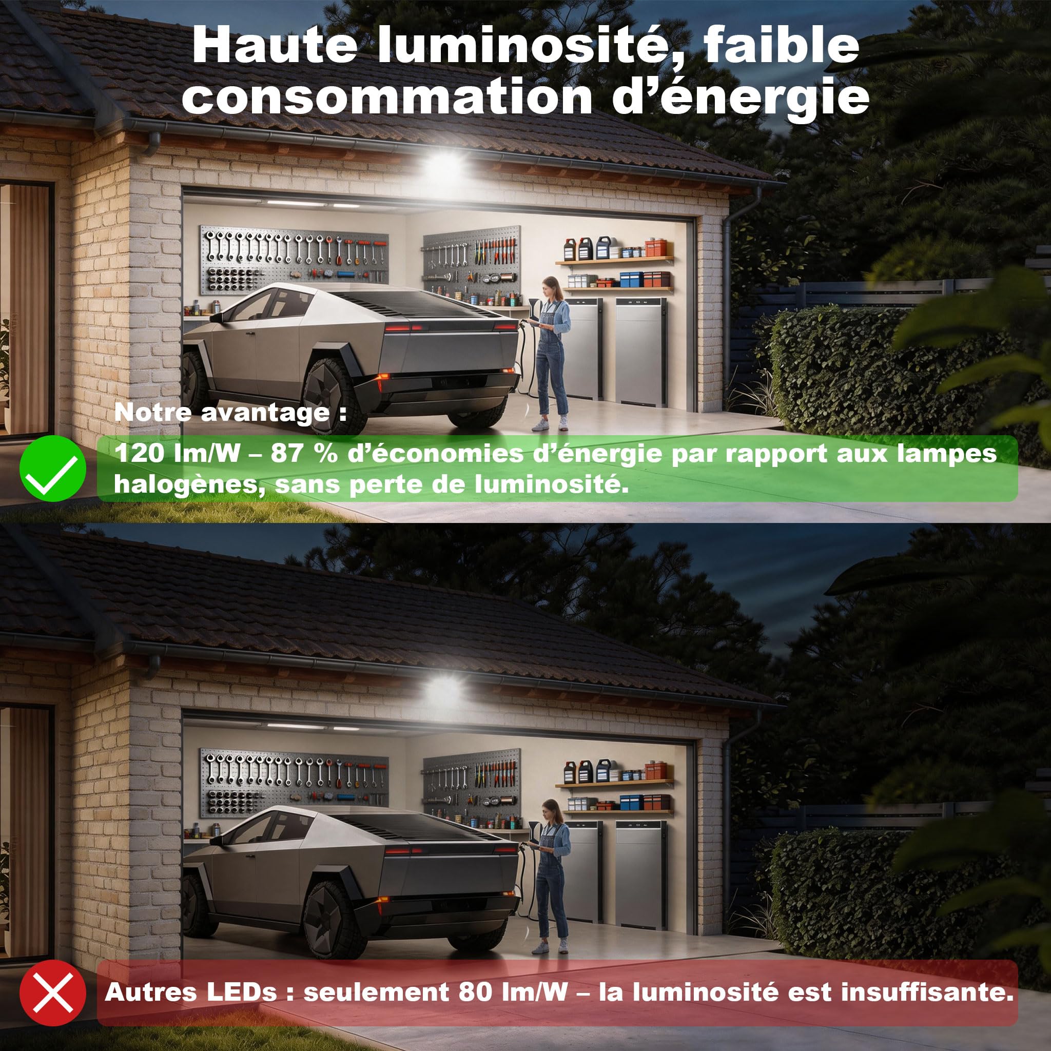 Projecteur led extérieur 120 W, usage industriel, 14400lm, 6500 K,IP66, dissipation thermique efficace, économie d'énergie de 85% spot led extérieur, jardins, entrepôts et garages(2 pièce)