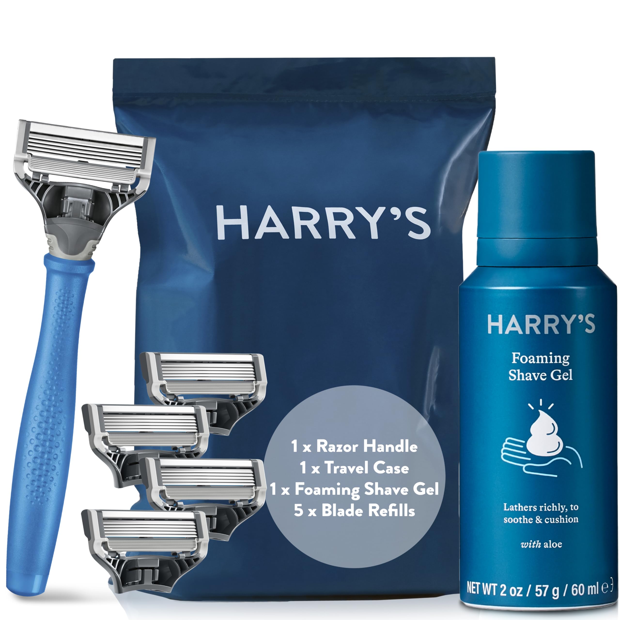 Harry's Razors for Men - Men's Razor Set with Indigo Blue Handle, 5 Razor Blade Refills, Travel Blade Cover, 60ml Shave Gel