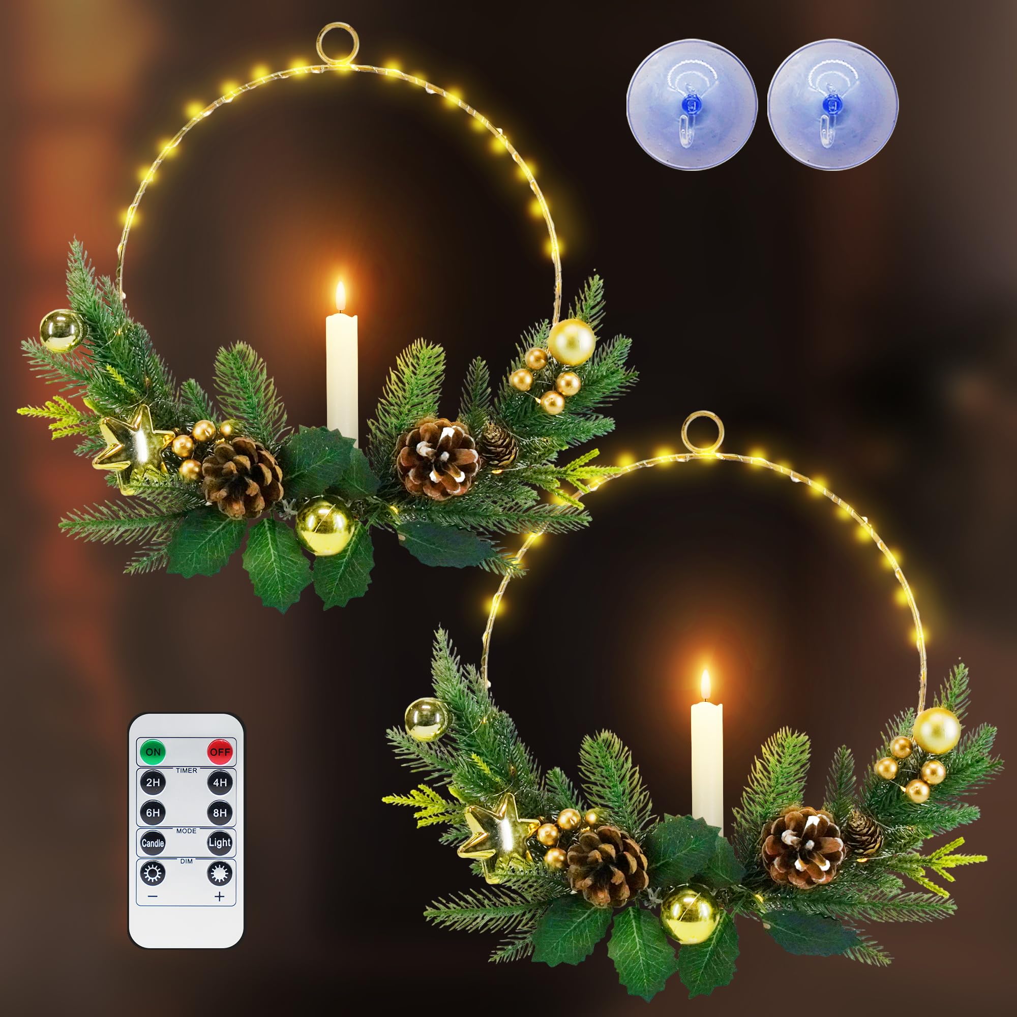 Couronnes de Noël de 40,6 cm avec bougies coniques DEL x2