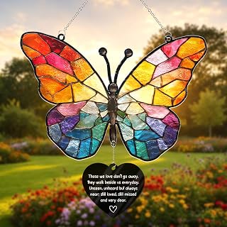Butterfly Memorial Suncatcher, 8" Memorial Wavy Acrylic Suncatcher with Charm for Window Hanging, Sympathy Gifts for Loss of Loved One, Mom, Grandma, Bereavement Gifts for Outdoor Garden Decorations