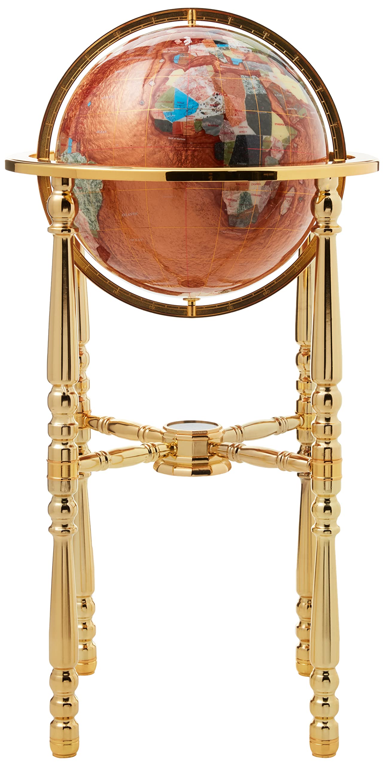 Unique Art 36-Inch Tall Amberlite Pearl Swirl Ocean Floor standing Gemstone World Globe with 4 Leg Gold Stand