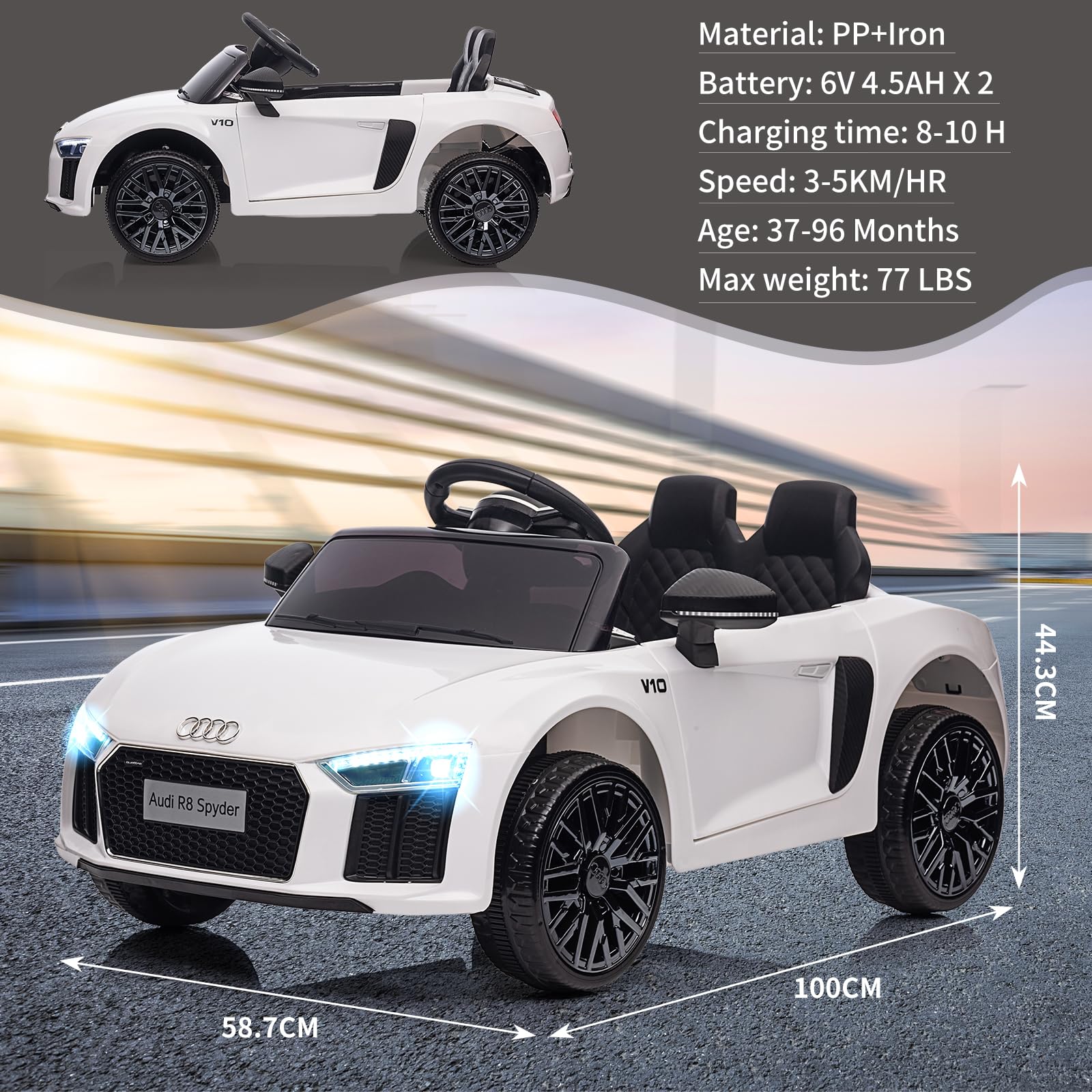 Audi Coche Eléctrico Infantil 12V con Control Remoto Suspensión Música LED Puertas Tijera Blanco