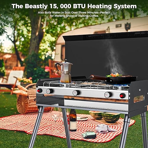 Miniatura 3 de CAMPLUX - Estufa de campamento de propano con 2 quemadores y 1 parrilla, 15,000 BTU portátil, para exteriores, con patas de pie, estufa de gas de