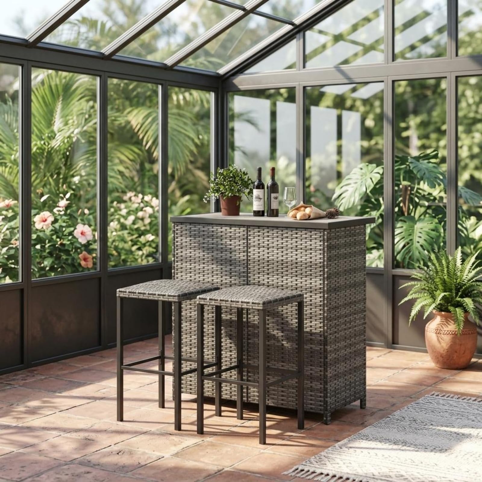Tavolo alto e 2 sgabelli, mobile bar esterno giardino, salotto da giardino in resina intrecciata per terrazza, esterno, balcone