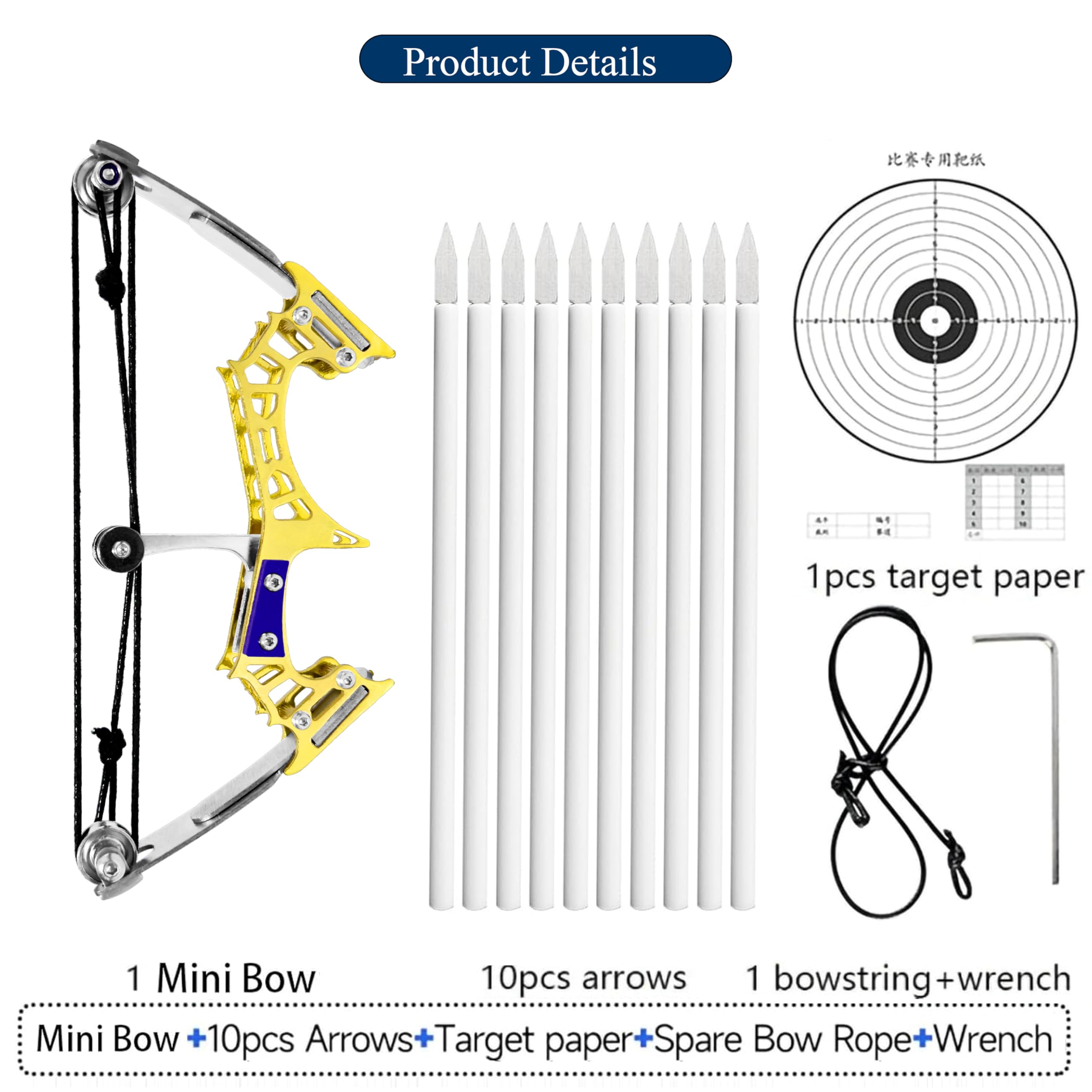 TIETHEKNOT 5.7”/5.8”/7.2” Archery Compound Bow and Arrow Set RH/LH for Hobby Practice Entertainment Display Outdoor Fun – Golden Edition (5.8” – Blue Gold Hollow Bow)
