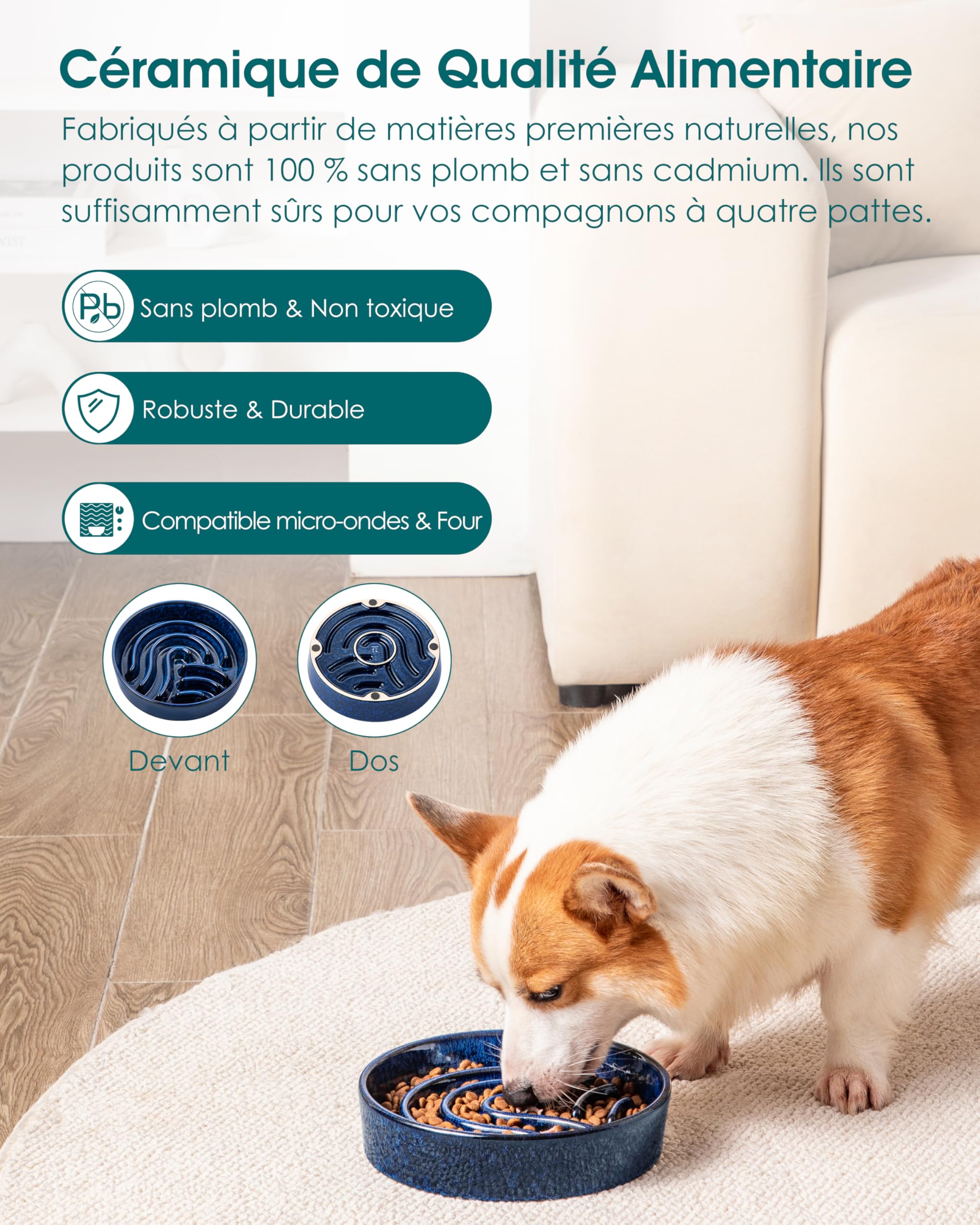 vancasso Gamelle Anti Glouton pour Chien, 960ml Gamelle pour Moyen Chien, Gamelle Chien Céramique Favorise Alimentation Saine et Digestion Lente, Bleu