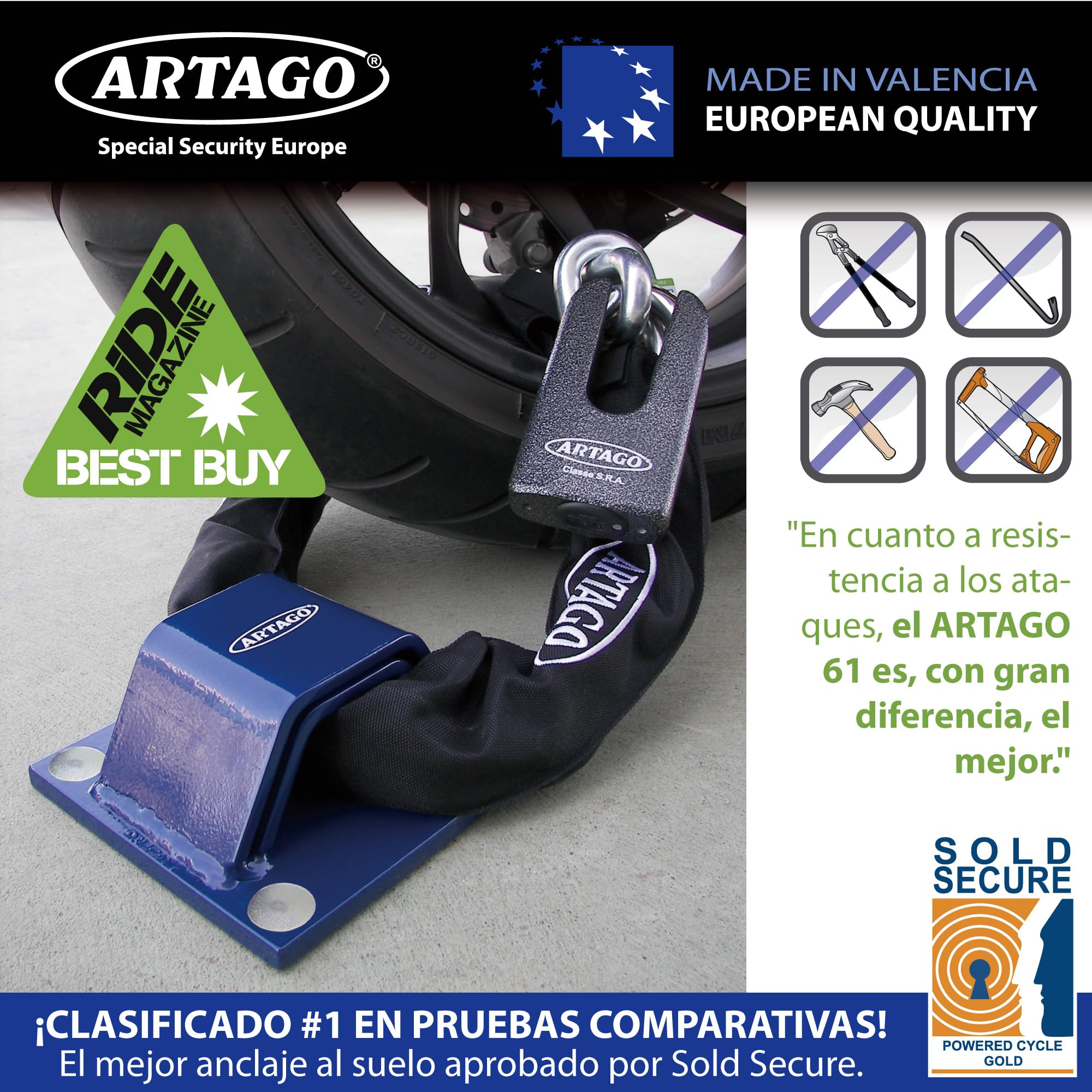 ARTAGO 61 Anclaje Seguridad Alta Gama, El Anclaje Antirrobo Moto Homologado Sold Secure Más Seguro, N1 Test Comparativo, Doble Puente Acero 6+6, Tacos Exclusivos Blindados, Suelo Pared Garaje Parking