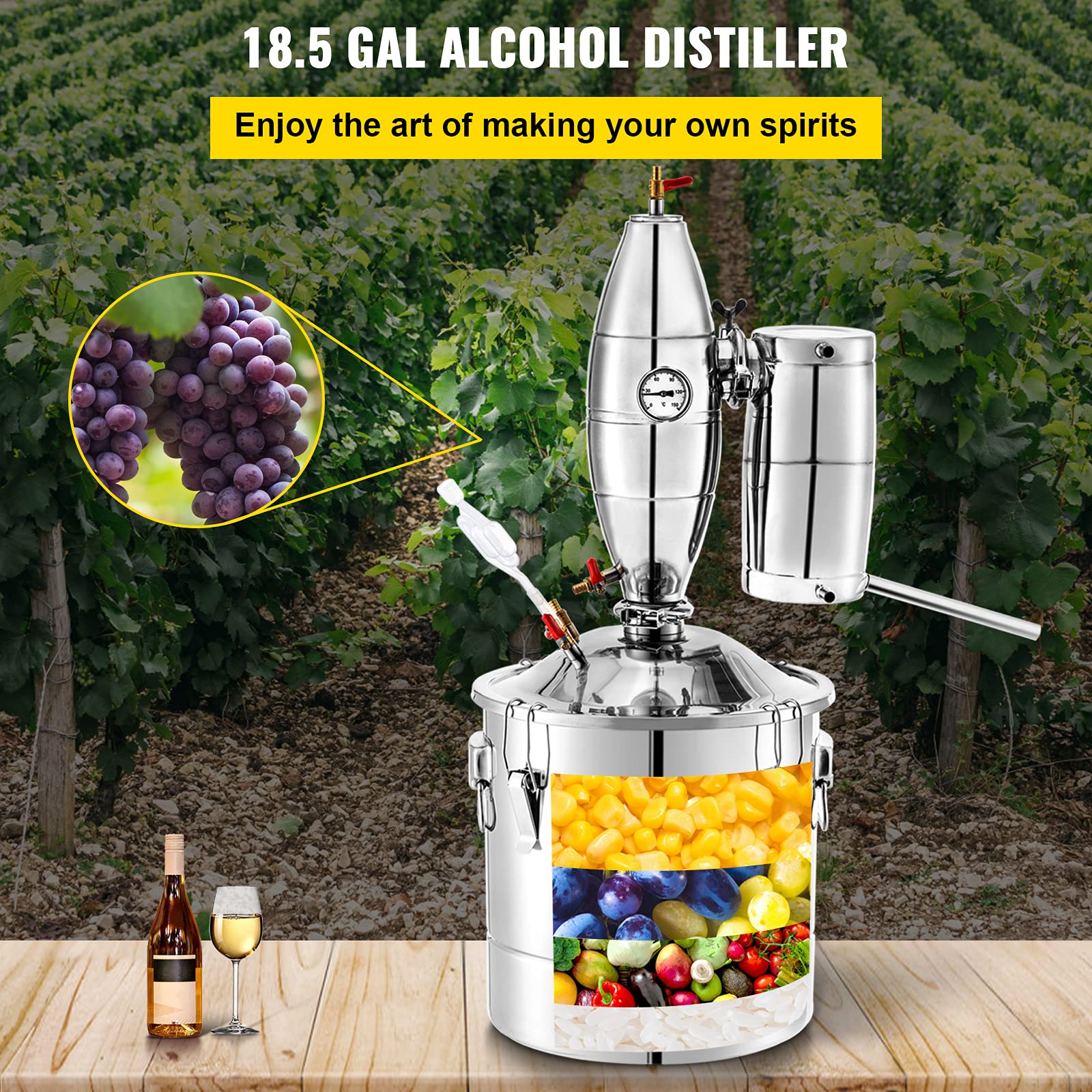 Happybuy 70L 18.5Gal Water Alcohol Distiller, 304 SS Alcohol Still, Wine Making Boiler Kit, Thermometer, for Whiskey, Brandy, Essential Oils, Silver