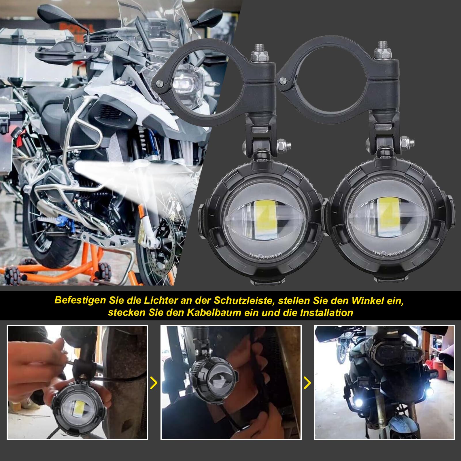 Zusatzscheinwerfer Motorrad LED Scheinwerfer 6000LM 6000K Nebelscheinwerfer Motorrad LED mit E-Prüfzeichen für BMW F800,Universal-Hilfslampe für motorrad