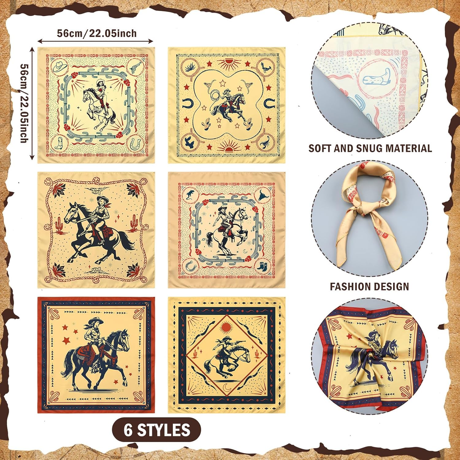 Berlune 6/12 Pcs Western Cowgirl Bandanas Gifts Bulk 21 x 21'' Wild Rags for Women Western Cowgirl Cowboy Head Scarf Wrap