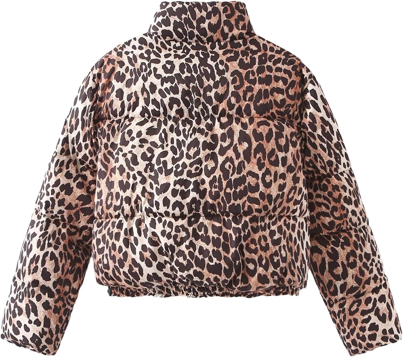 Womens Leopard Print Cropped Puffer Jacket Winter Warm Stand Collar Zip Up Short Down Coat Outwears