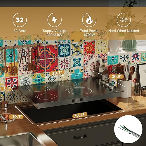 Miniatura 7 de Estufa eléctrica de 30 pulgadas, 4 quemadores, estufa de cerámica integrada de 6700 W, encimera eléctrica de vidrio de 30 pulgadas con temporizador,