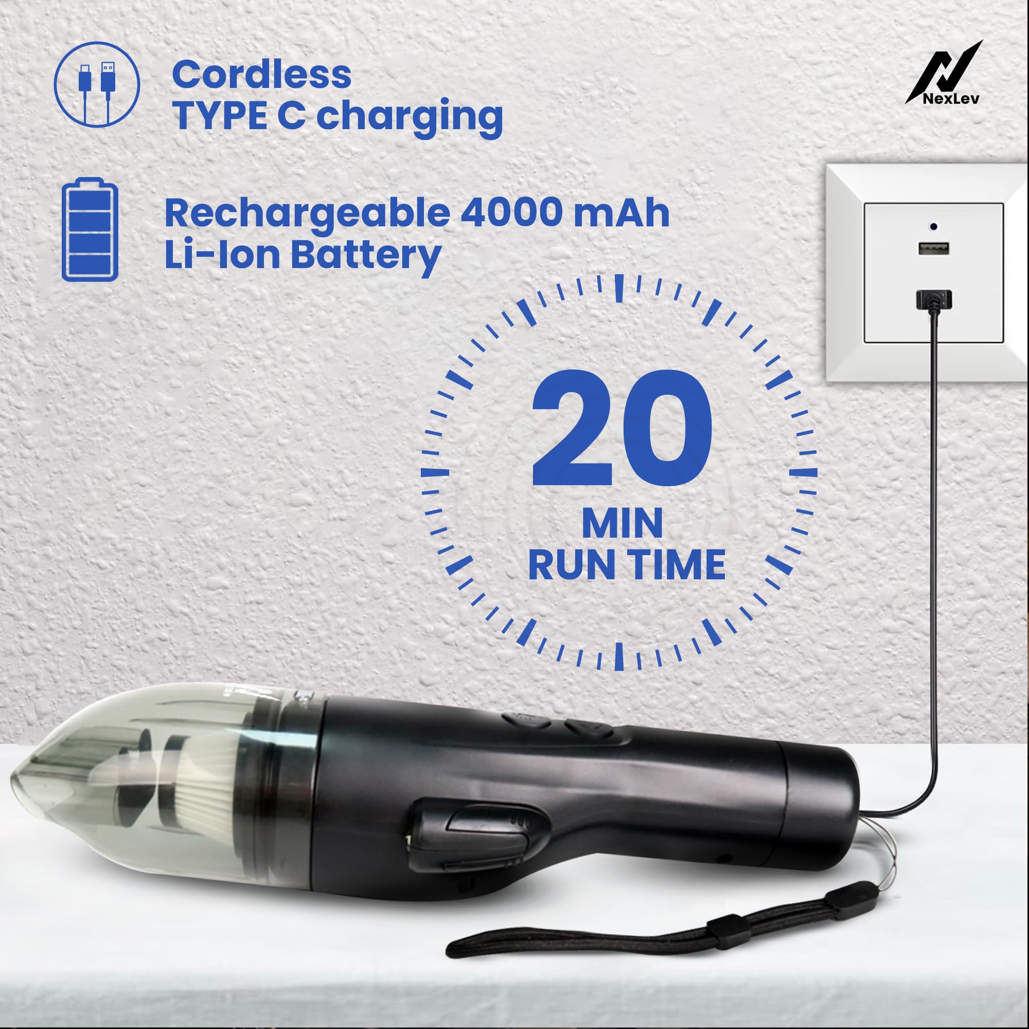 nexlev Vacuum Cleaner for Car Use | 4000 mAh High Power Suction Portable Car Vacuum Cleaner with Copper Motor, LED Torch, Seat Belt Cutter & Window Breaker Emergency Escape Tool, Type-C | VC-03 3