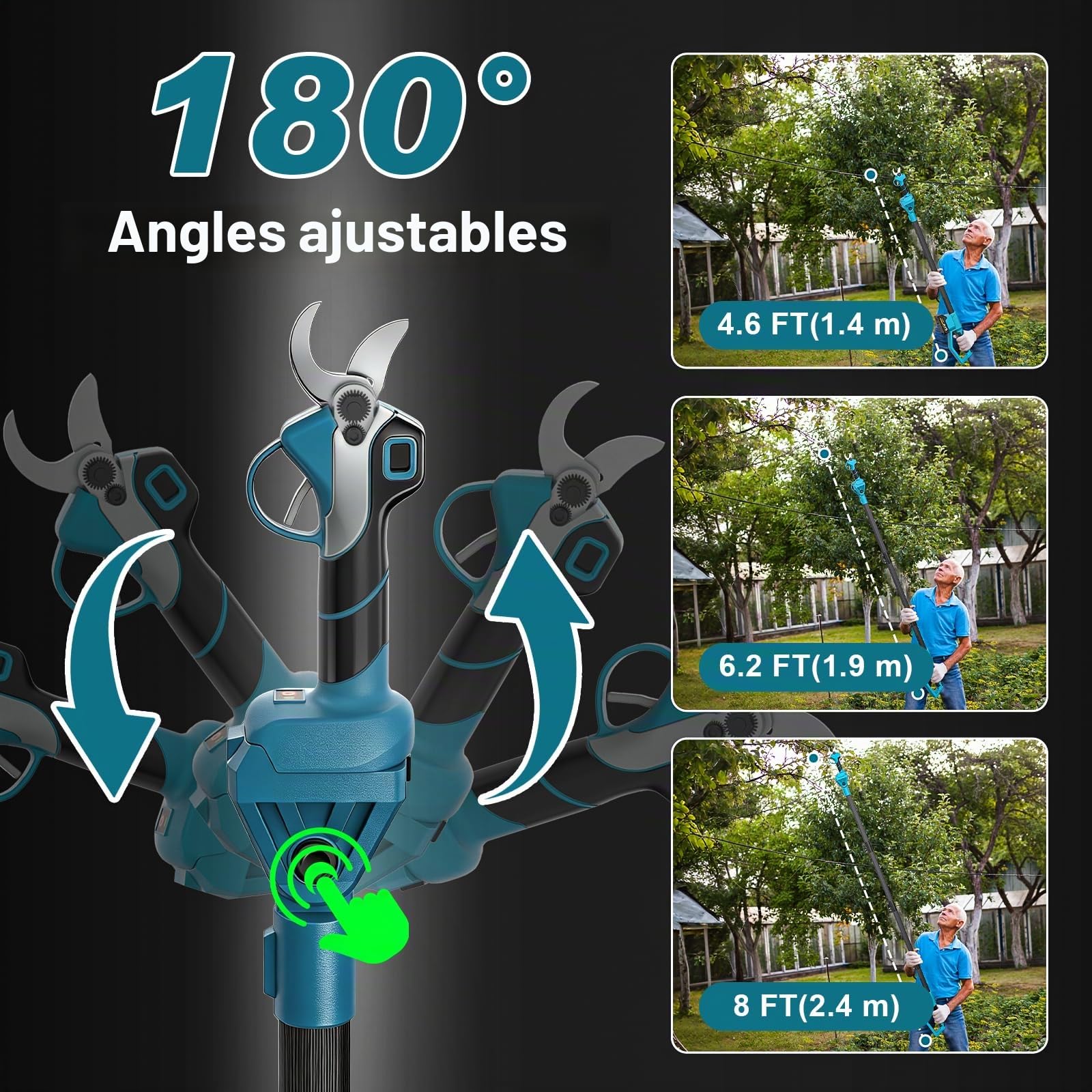 Sécateur Électrique Avec Perche, Moteur Brushless, Portée Totale 4,2 m, 2-en-1 Secateur Electrique Sans Fil avec 3 paires Lame SK5 et 2x2.0 Ah Batteries, pour Jardinage, Ferme, Arbres Fruitiers