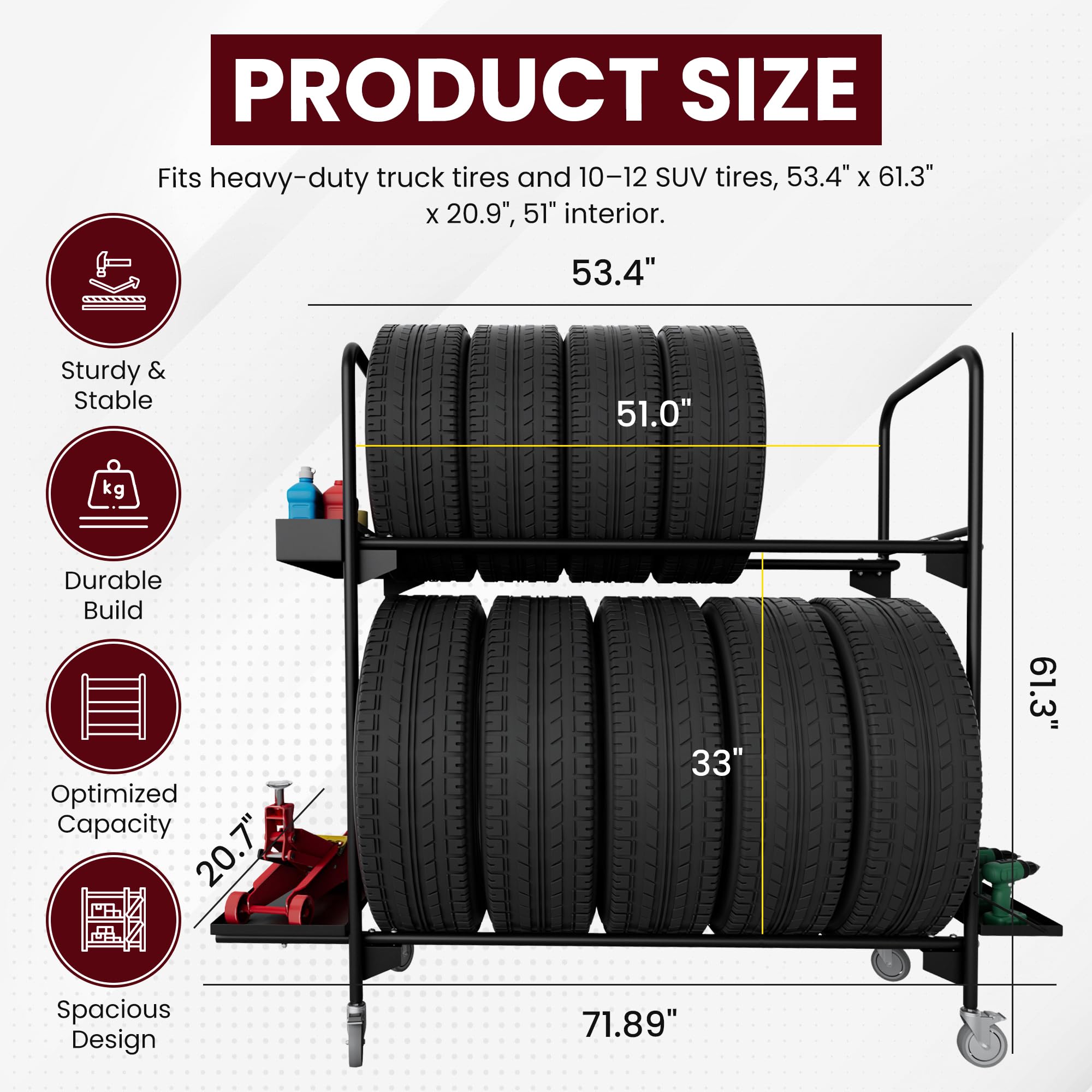 Heavy-Duty Rolling Tire Rack - 43.5"D X 18"W X 48"H, 500 Lb Capacity, Adjustable Shelves, Locking Casters, With Dust Cover
