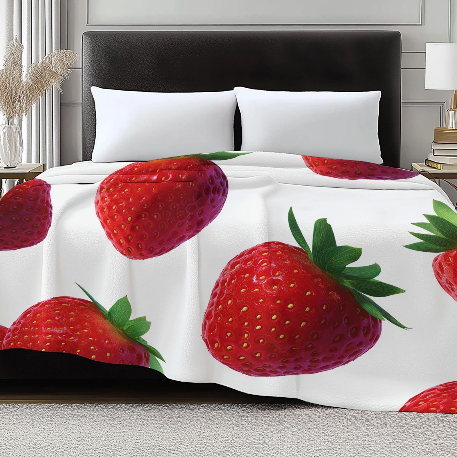 Puszysty minimalizm, flanelowy koc na sofę, łóżko, krzesło, miękka trawa owocowa, jagody, rośliny, pościel, 220 x 240 cm, dekoracyjny, ultramiękki koc na łóżko, dla dzieci, nastolatków, dorosłych, 220