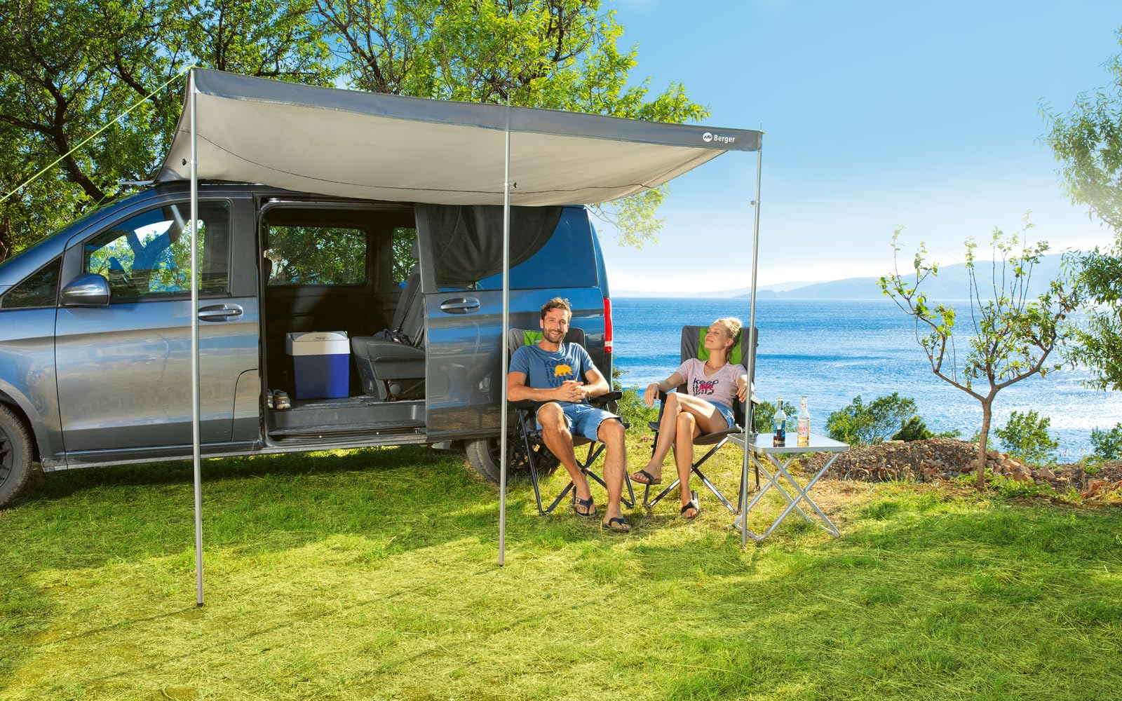 BERGER Tendalino Camper e Caravan, Veranda per Camper, Materiale Resistente ai Raggi UV, Pali Telescopici in Acciaio, Accessori Inclusi, Tendalino Parasole Minibus e Van, 300 x 240 cm